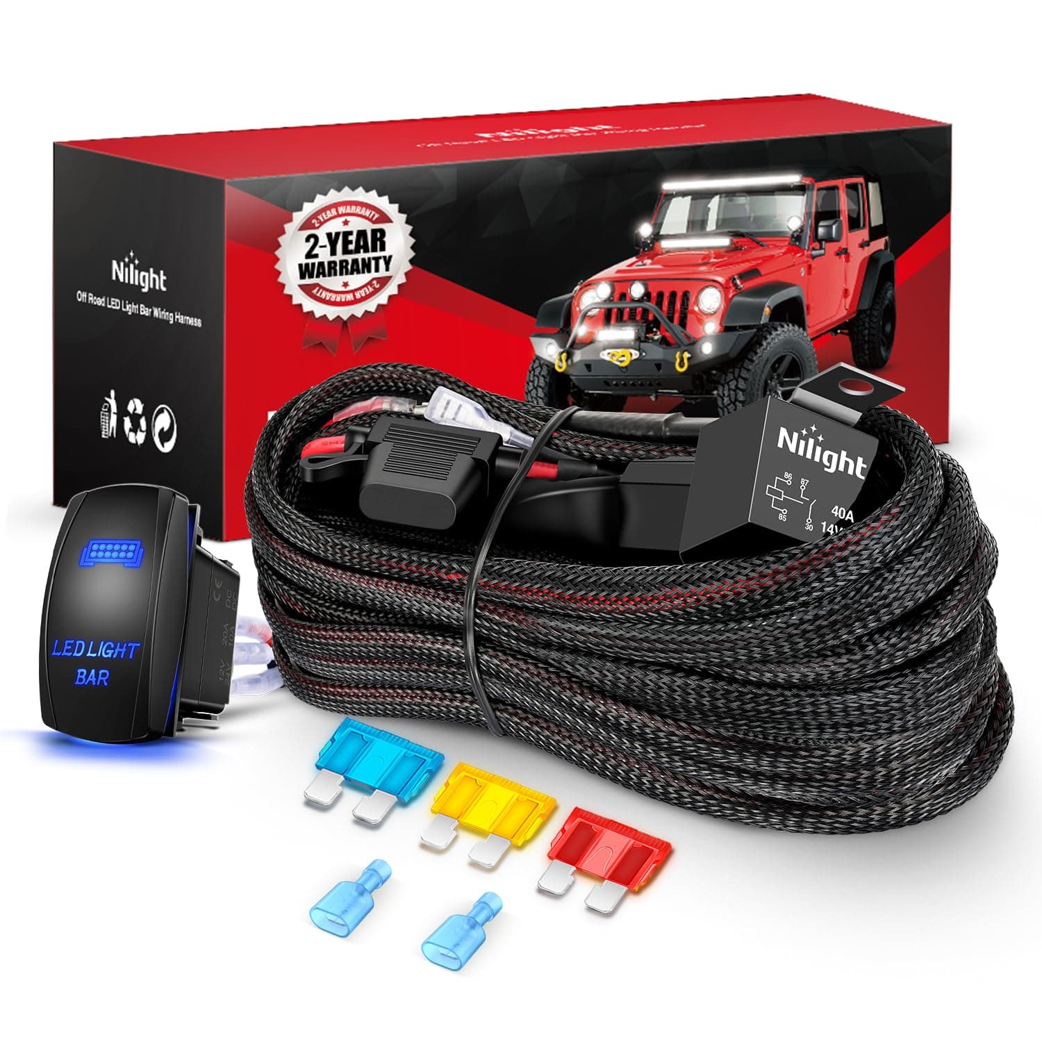 Nilight Wiring Harness Kit Nylon 14 AWG 1 Lead 12V 5Pin Rocker Switch Laser On Off Power Relay Blade Fuse for LED Light Bar Off Road Lights on Cars Jeep Boat Trucks