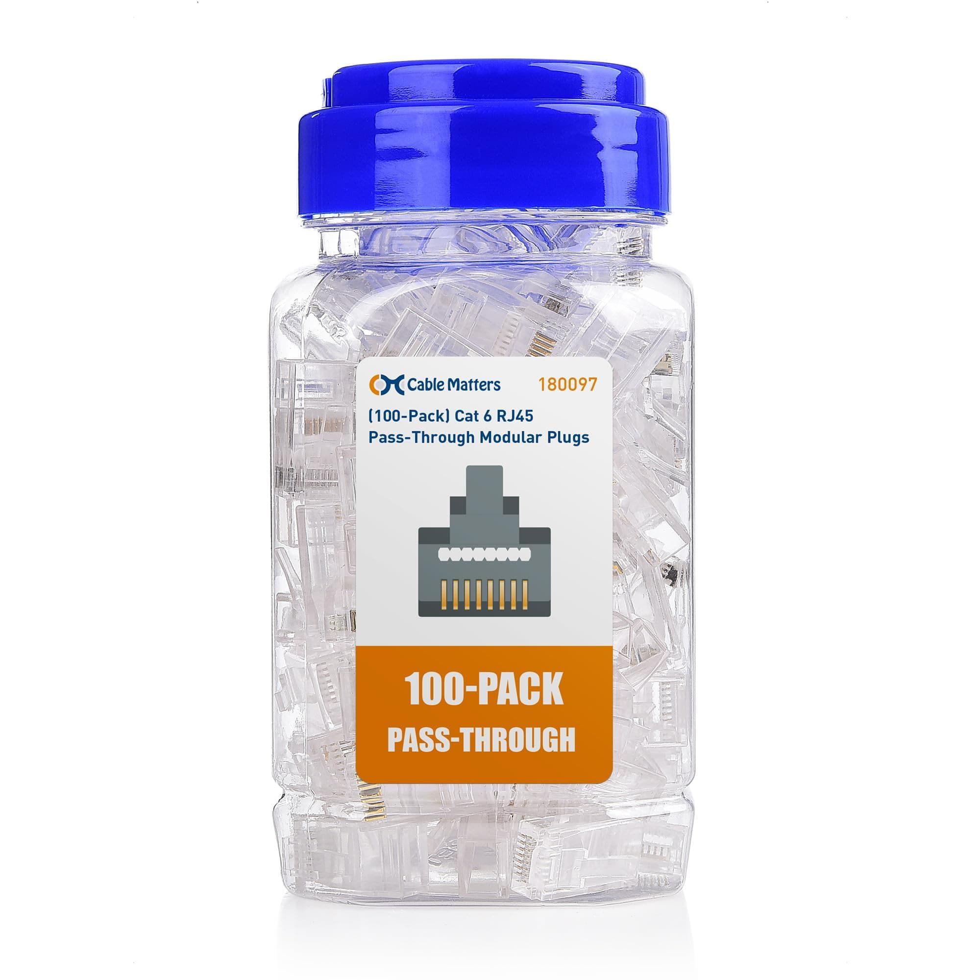 100 Pack Cat 6 Pass Through Rj45 Modular Plugs For Solid Or Stranded Utp Cable, Cat6 Pass Through Connectors, Clear & Blue