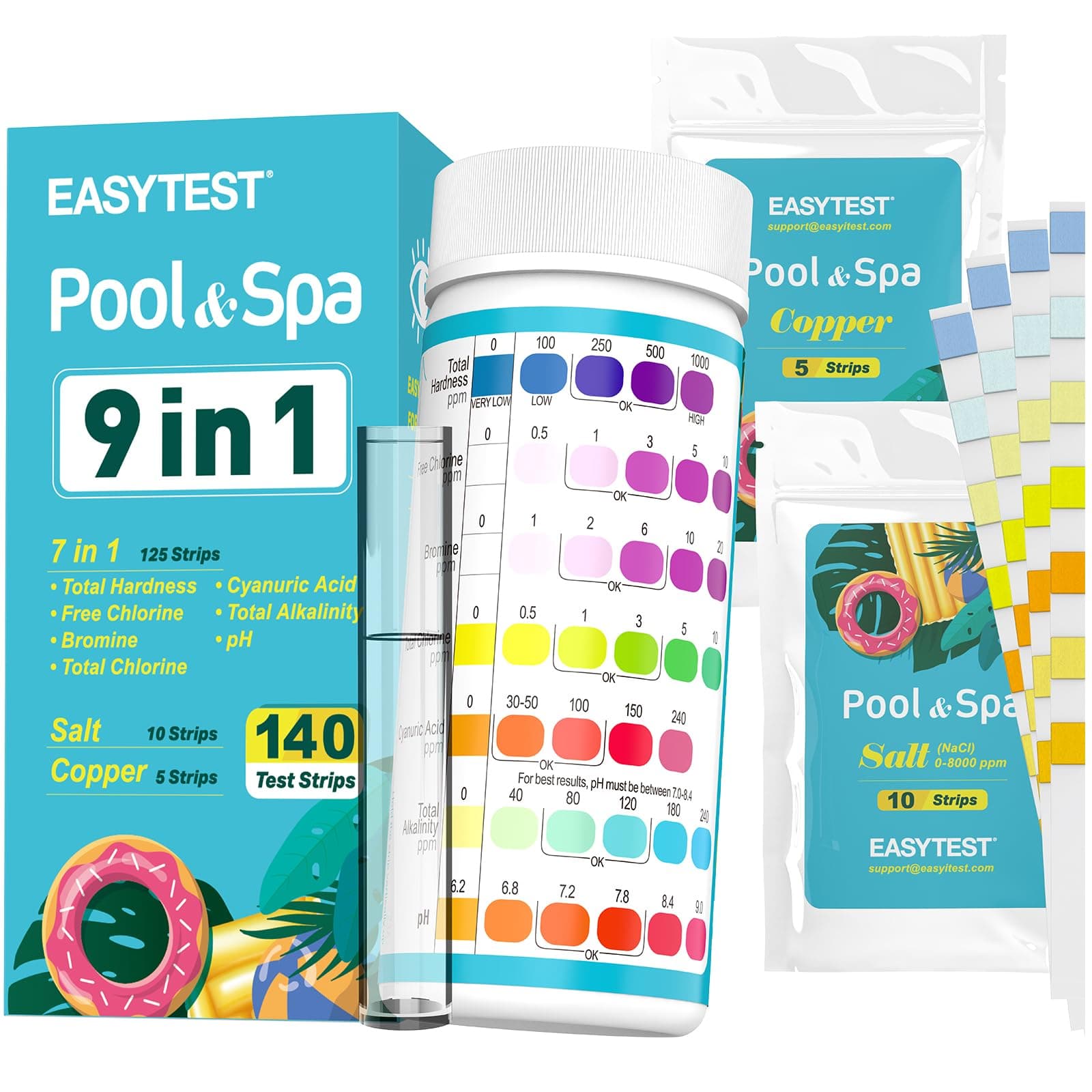 9-Way Pool Test Strips, 140 Strips for Hot tub and Spa, Accurate Testing pH, Total Chlorine, Free Chlorine, Bromine, Alkalinity, Total Hardness, Cyanuric Acid, Salt and Copper