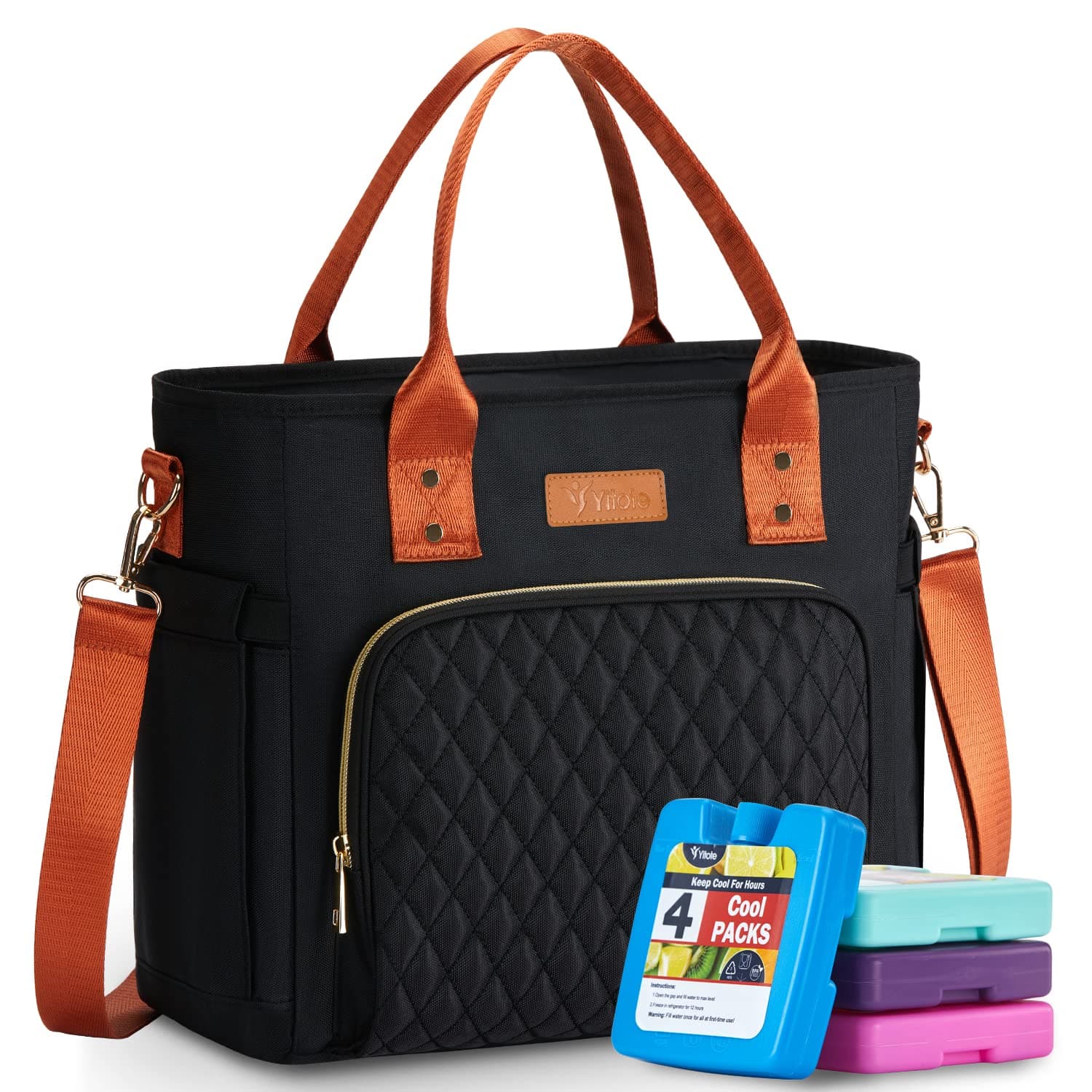 Yitote Cute Lunch Bags for Women with 4 Icepacks,Lunch Bag Women Insulated with Bottle Holder,Lunch Bag for Women Lunch Bag with Adjustable Shoulder Strap,Women Lunch Bags for Work Camping(Black)