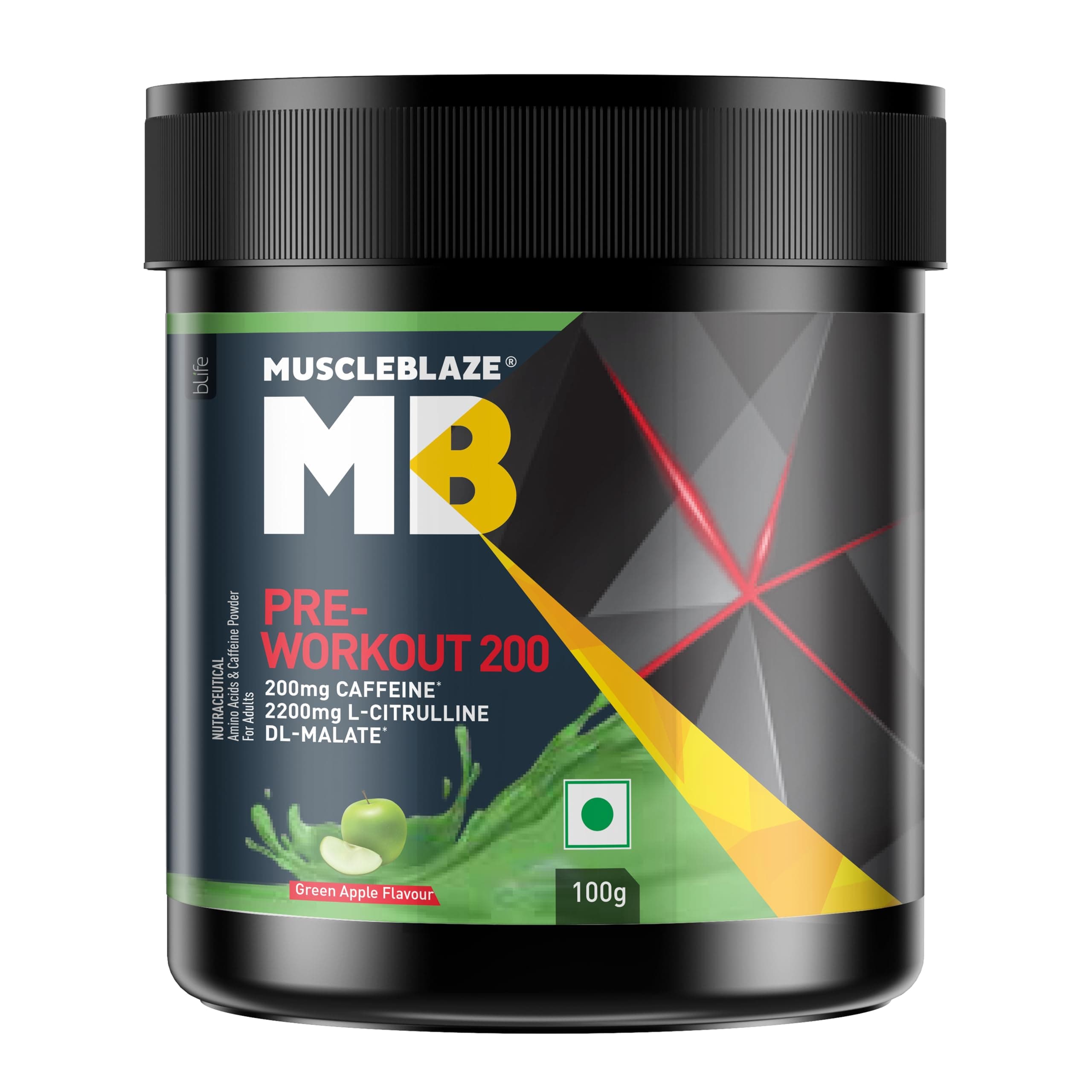 MuscleBlaze Pre Workout 200 (Green Apple, 16 Servings, 100g) | 200mg Caffeine, 2200mg Citrulline