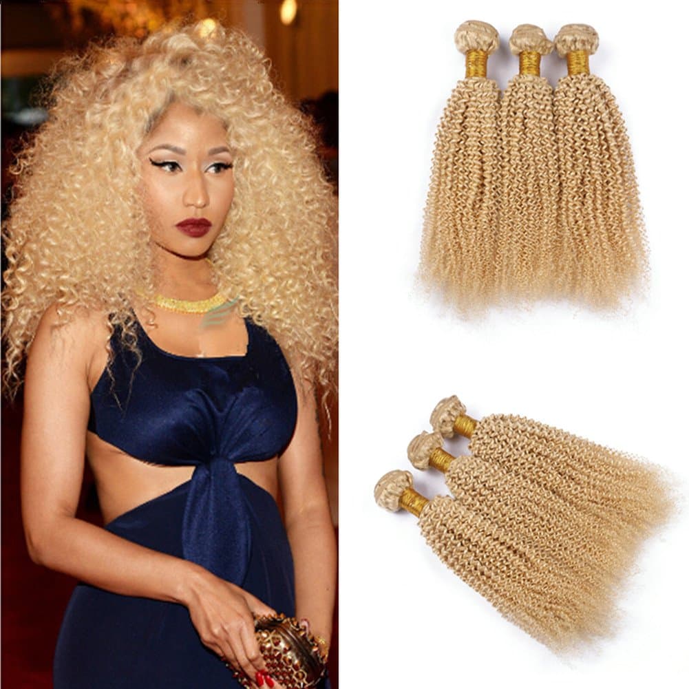 Ruma Hair Mongolian Blonde Virgin Hair Kinky Curl 3/4Pcs Lot Platinum Blonde Afro Kinky Curly Hair Wefts #613 Gold Blonde Human Hair Weave Bundles (20''20''20'')
