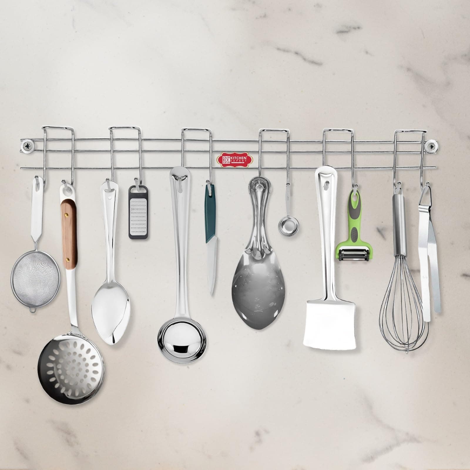 Steel Cutlery Holder | Spoon Hanger | Wall Mounted Stand - 12 Hooks | Stainless Steel | Multipurpose Stand For Wall| 1 Piece - Hanging Shelves