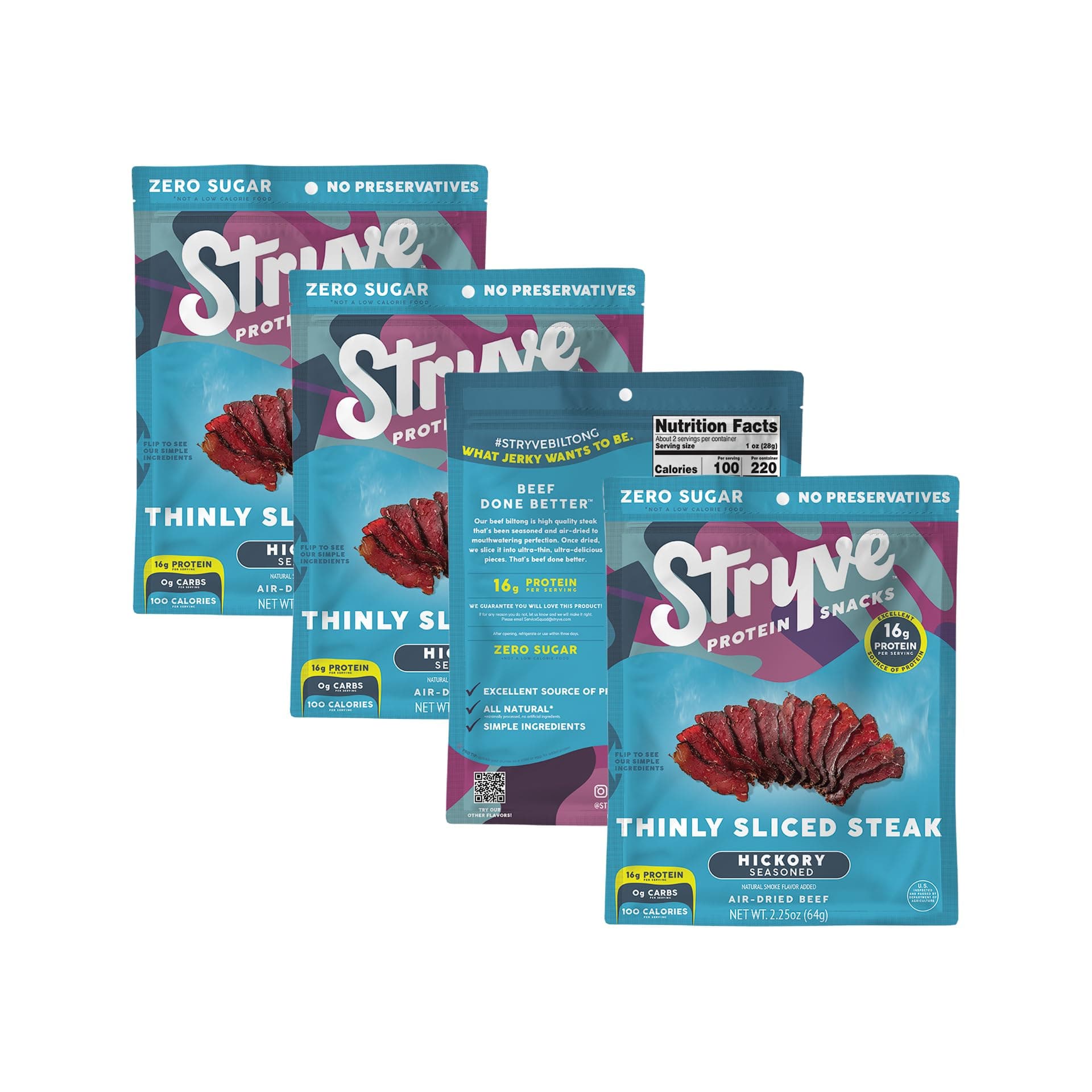 Stryve Biltong, Beef Jerky without the Junky. 16g Protein, Sugar Free, No Carbs, Gluten Free, No Nitrates, No MSG, No Preservatives. Keto and Paleo Friendly. Hickory Seasoned,2.25 Ounce (Pack of 4)