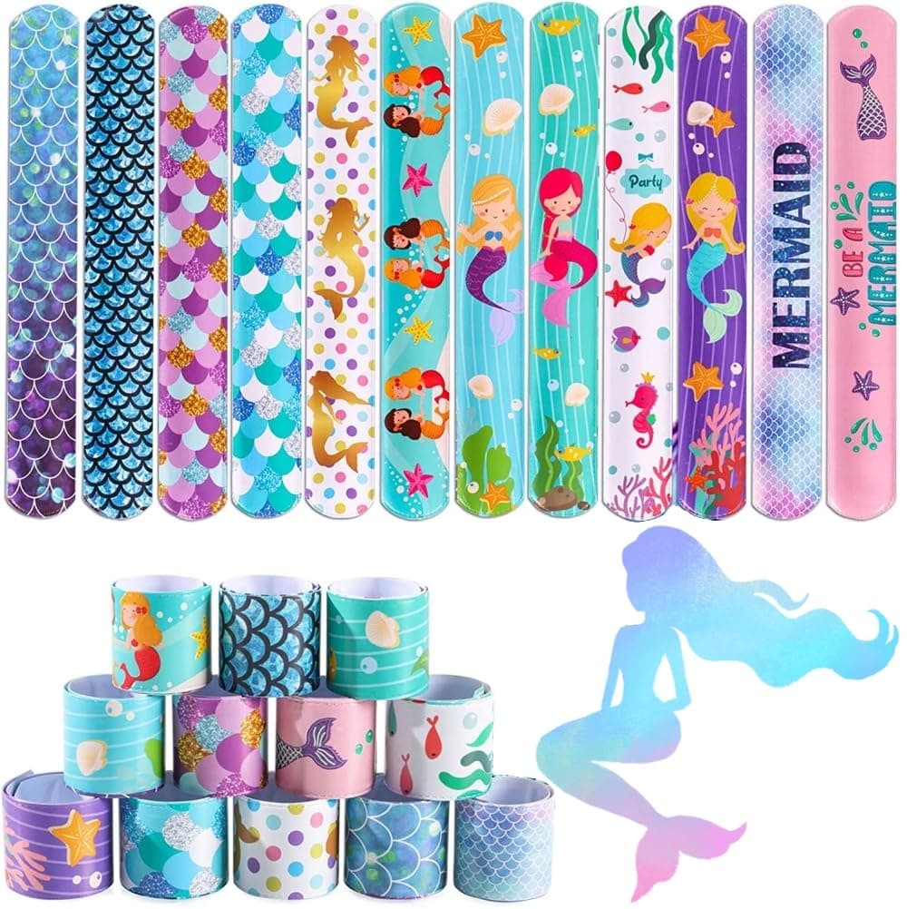 12 PCS Mermaid Theme Slap Bracelets Bands Mermaid Slap Bands Birthday Party Return Gifts(Band Pattern Random) (Mermaid)
