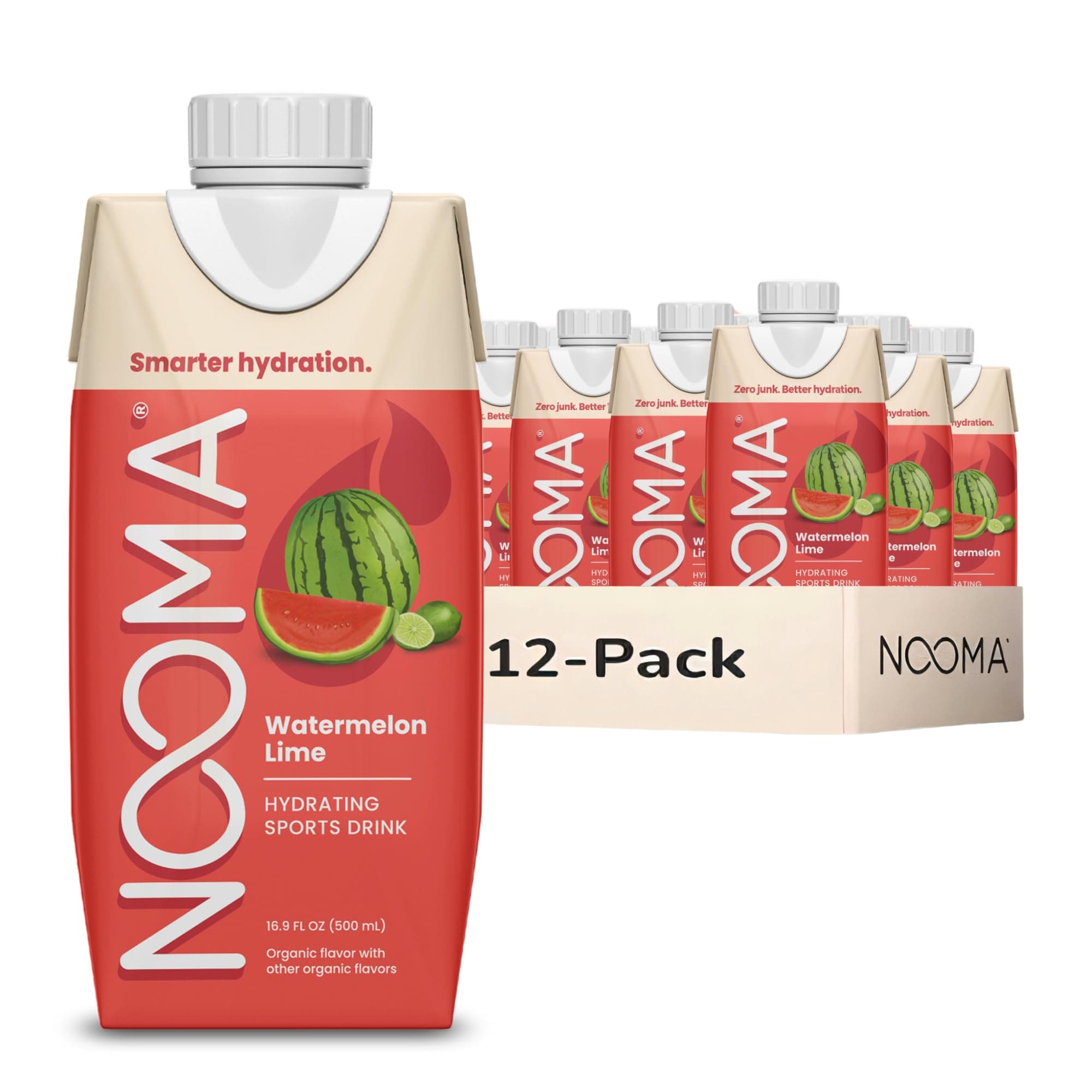 NOOMA - Hydrating Sports Drink - Electrolyte Drink with Organic Coconut Water - Organic & No Added Sugars - Rapid Hydration - 30 Calories & 505mg Electrolytes - Watermelon Lime - 12 Pack (16.9oz each)