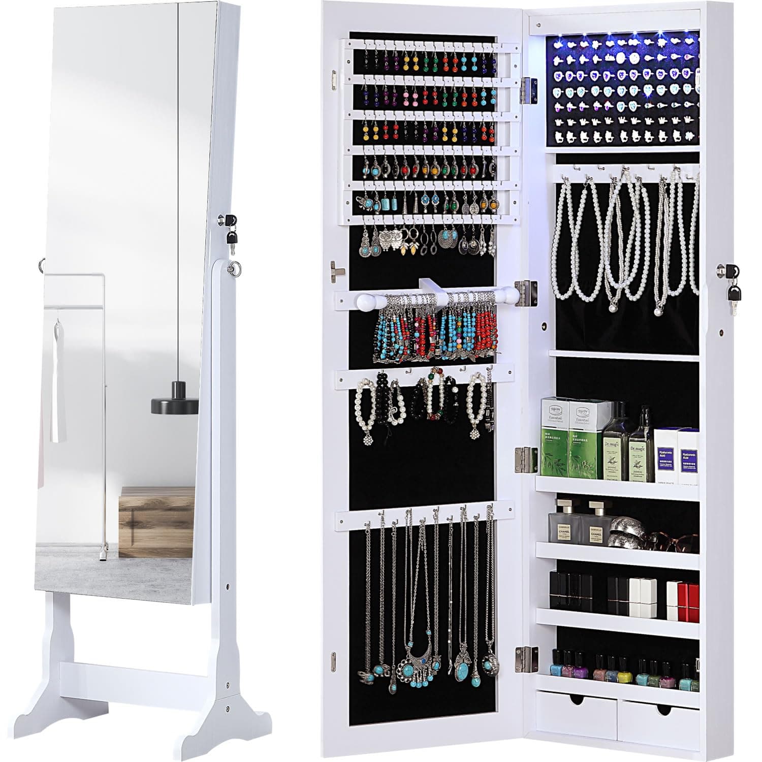 GISSAR Jewelry Organizer Full Length Mirror Jewelry Cabinet Standing/Wall/Hanging Door Jewelry Armoire Storage with Lights, Lockable, White