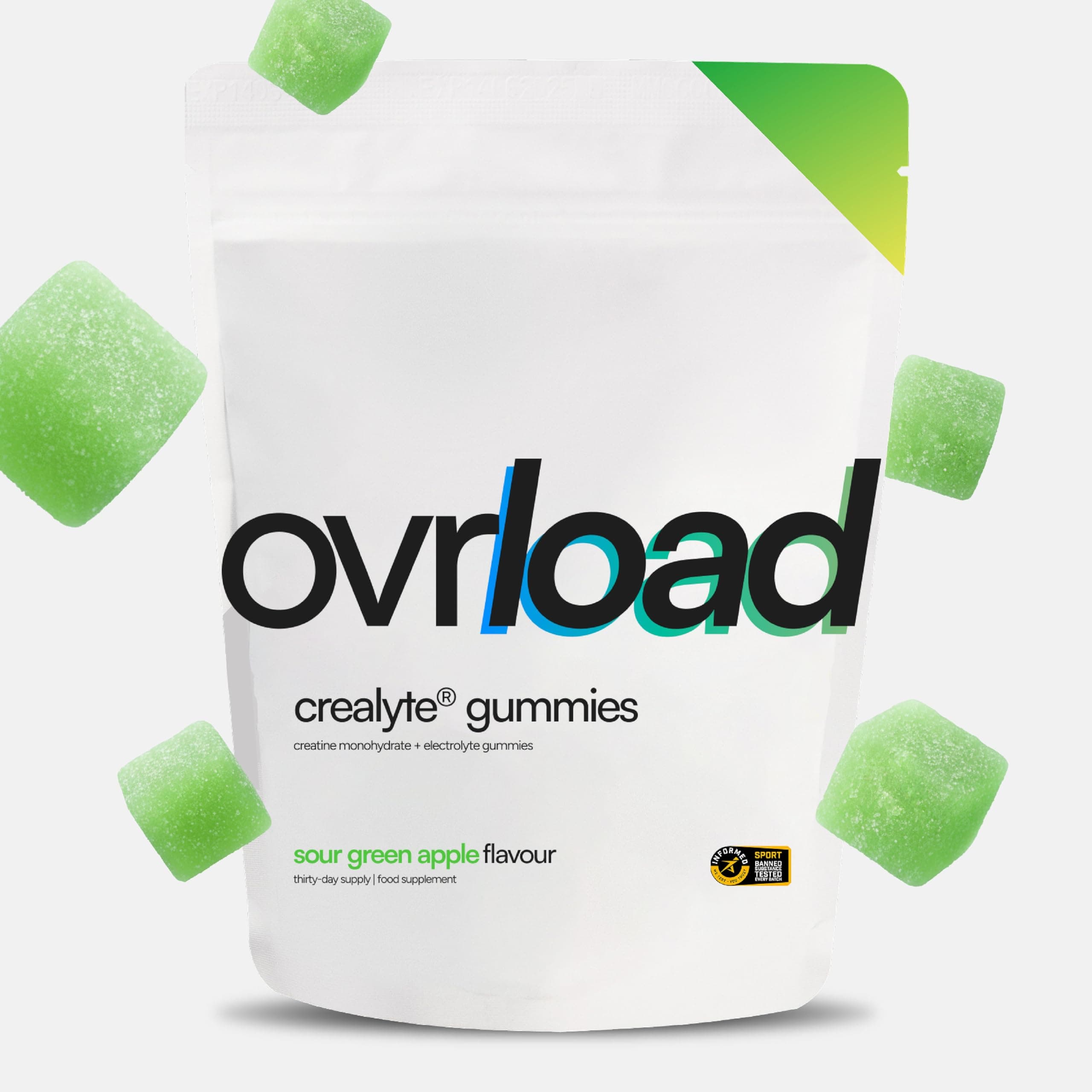 Ovrload Crealyte® Gummies, 90 Creatine Gummies (1 Month Supply), 4500mg per Serving, Added Electrolytes Vitamin D3 & Pink Himalayan Salt, Creatine Monohydrate Gummy for Men & Women, Sour Green Apple