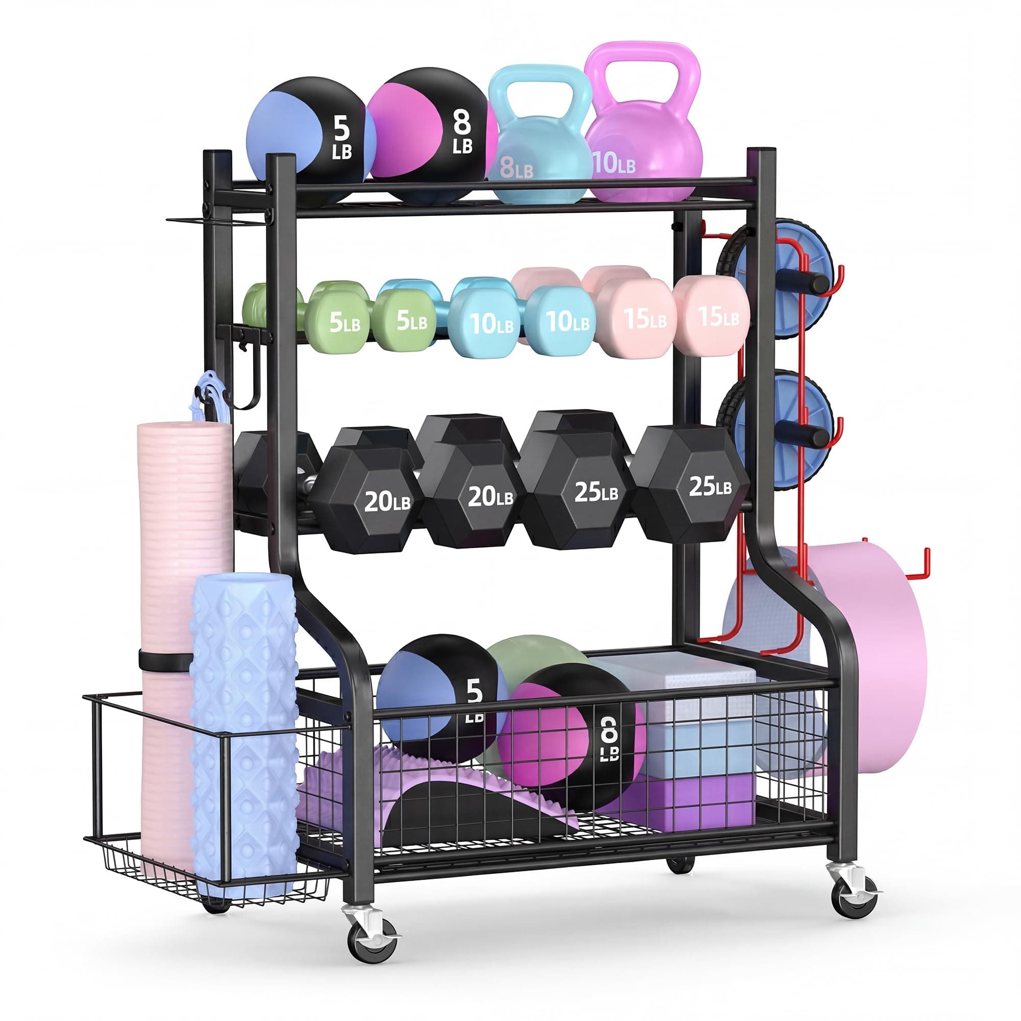 PLKOW Dumbbell Rack, Weight Rack for Dumbbells, Home Gym Storage for Dumbbells Kettlebells Yoga Mat and Balls, All in One Workout Storage with Wheels and Hooks, Powder Coated Finish Steel