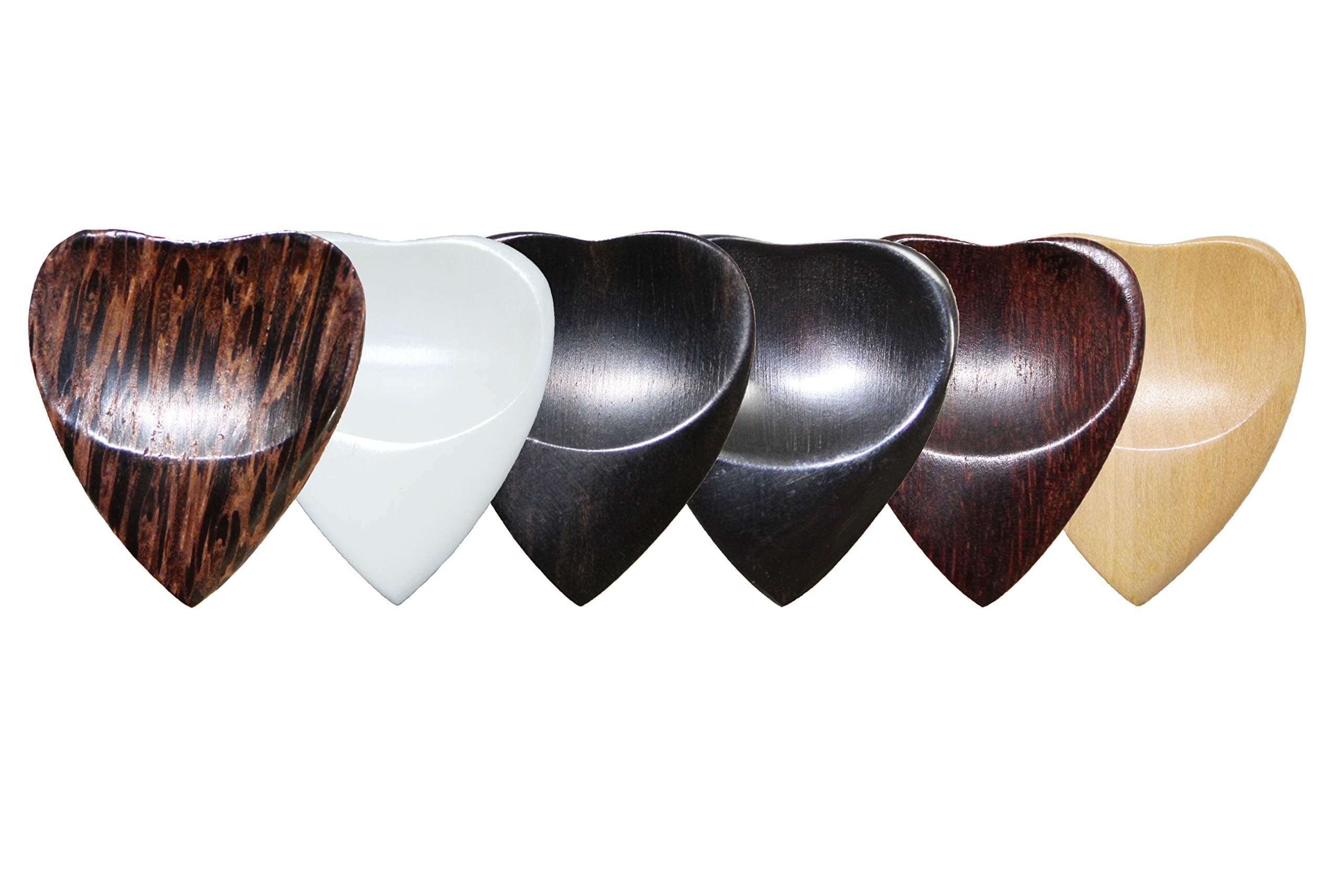 Sculpted Heart Style Exotic Sampler Guitar Picks Plectrums Value Pack for Bass/Acoustic/Electric & Gypsy Jazz Guitar Made from Padauk, Bone, Ebony, Horn, Tamarind & Haldu