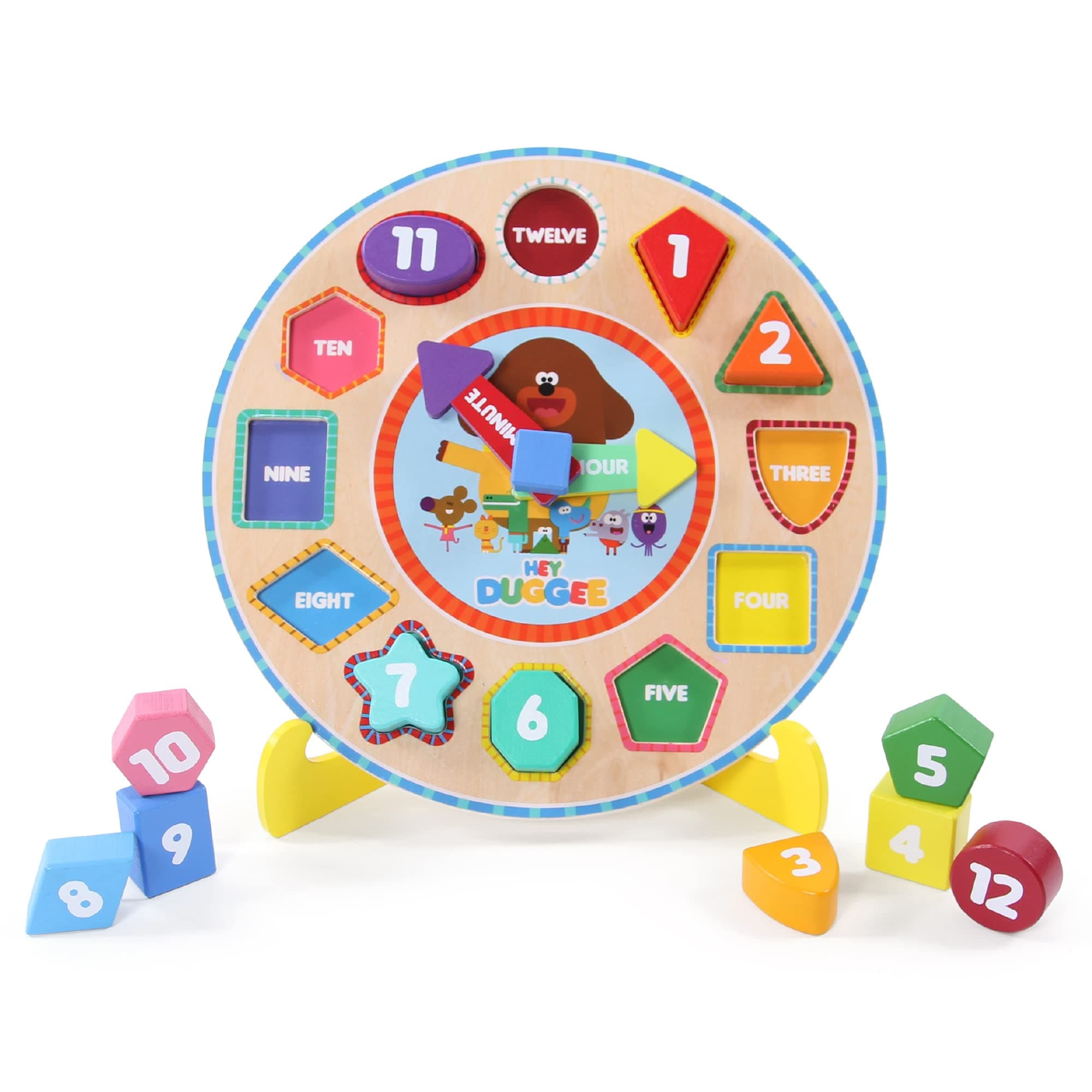 Hey Duggee - Wooden Puzzle Clock with Stand – Teach Kids Time, Shapes, Colours & Numbers with 12 Lift-out Pieces & Moveable Clock Hands, Fun & Educational, FSC Certified Toy for Children 2+