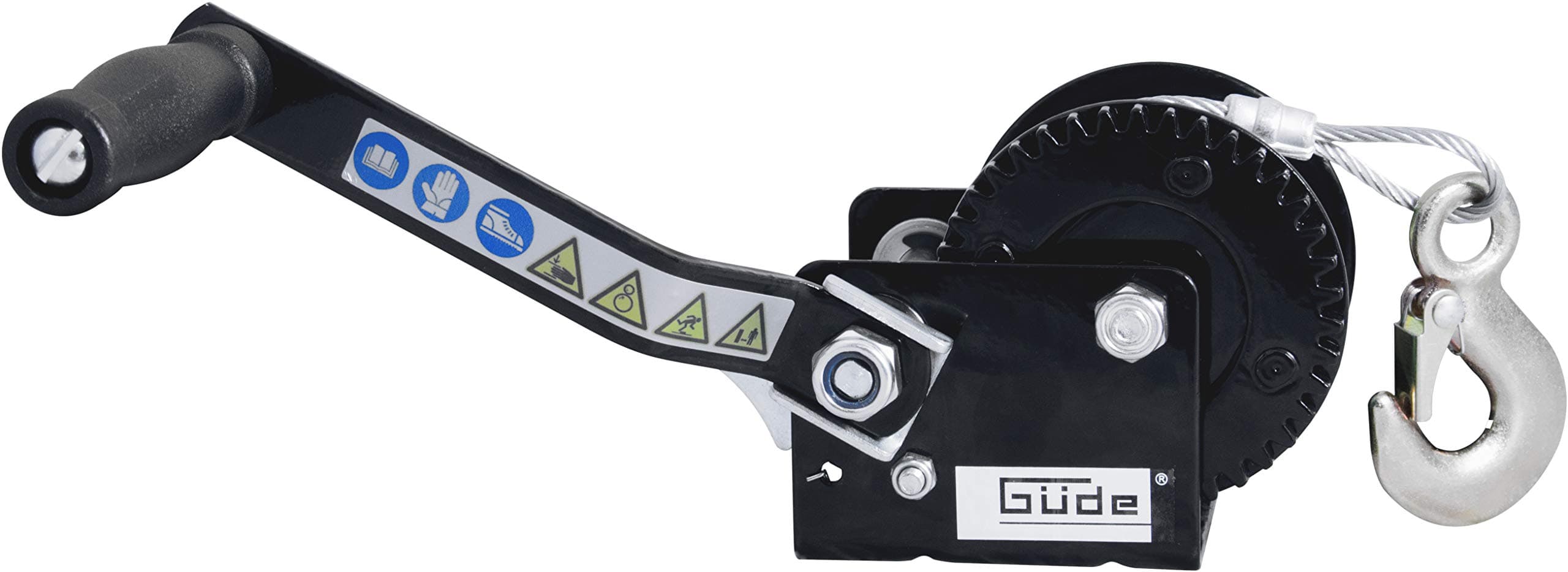 Güde Winch 360 kg 10 m (Max Pull Force 360 kg, 10 m Steel Cable, for Horizontal Pulling of Loads, Load Hook with Drop Opening, Locking Lever, Hand Crank with Soft Handle)
