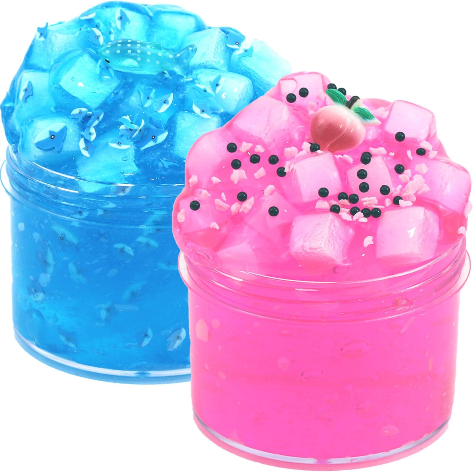 2 Piece Kit Jelly Cube Crunchy Slime, Pink Peach and Blue Sea Animal Super Soft Non-Stick, Birthday Gift Slime Party