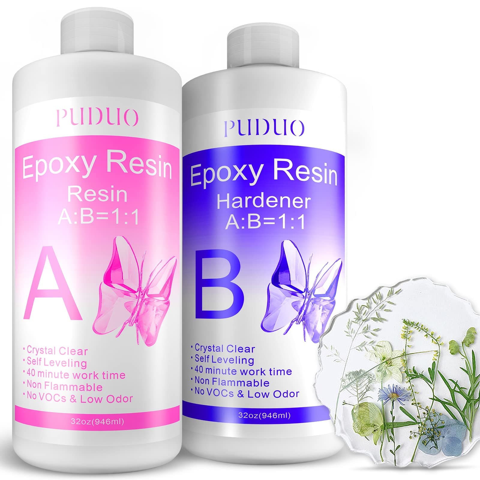 Epoxy Resin Clear Kit 64 OZ for Art, Jewelry Making, Crafts, Keychain - Including 32 OZ Resin and 32 OZ Hardener, Fast Curing 2 Part AB Epoxy Casting Resin by Puduo