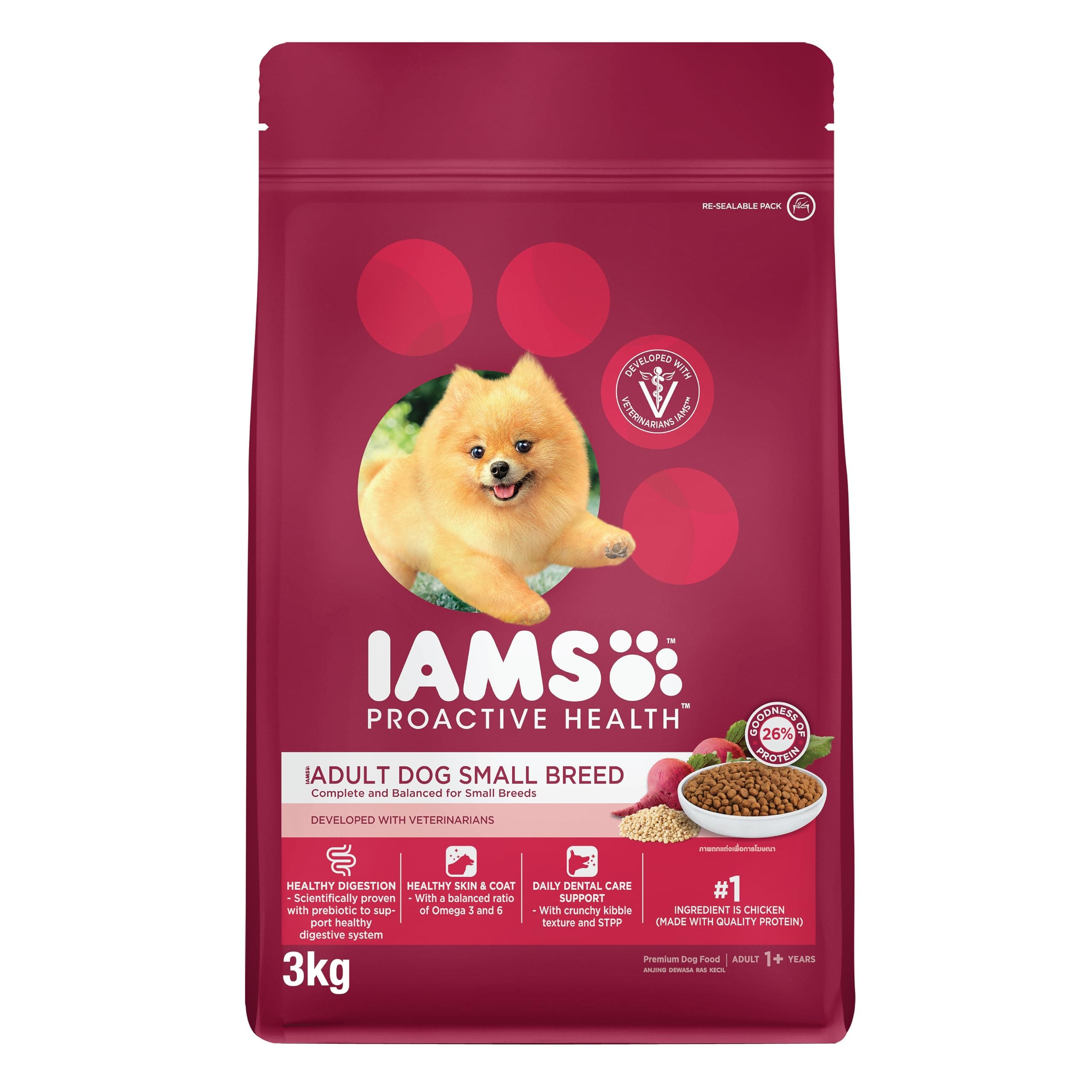 IAMS Dog Food Proactive Health Adult Small Breed Dry Dog Food, 3Kg, Complete and Balanced Dry Food for Small Breeds