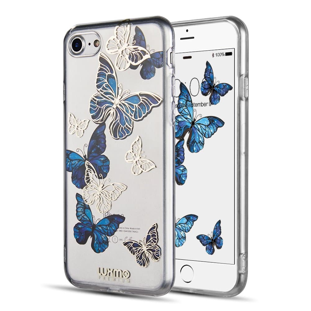 Phone Case for iPhone 8 7, Crystal Clear Fashion Slim Fit Protective Cellphone Case, Laser Painting Transparent Plastic TPU Cover 4.7 inch - Blue Butterfly