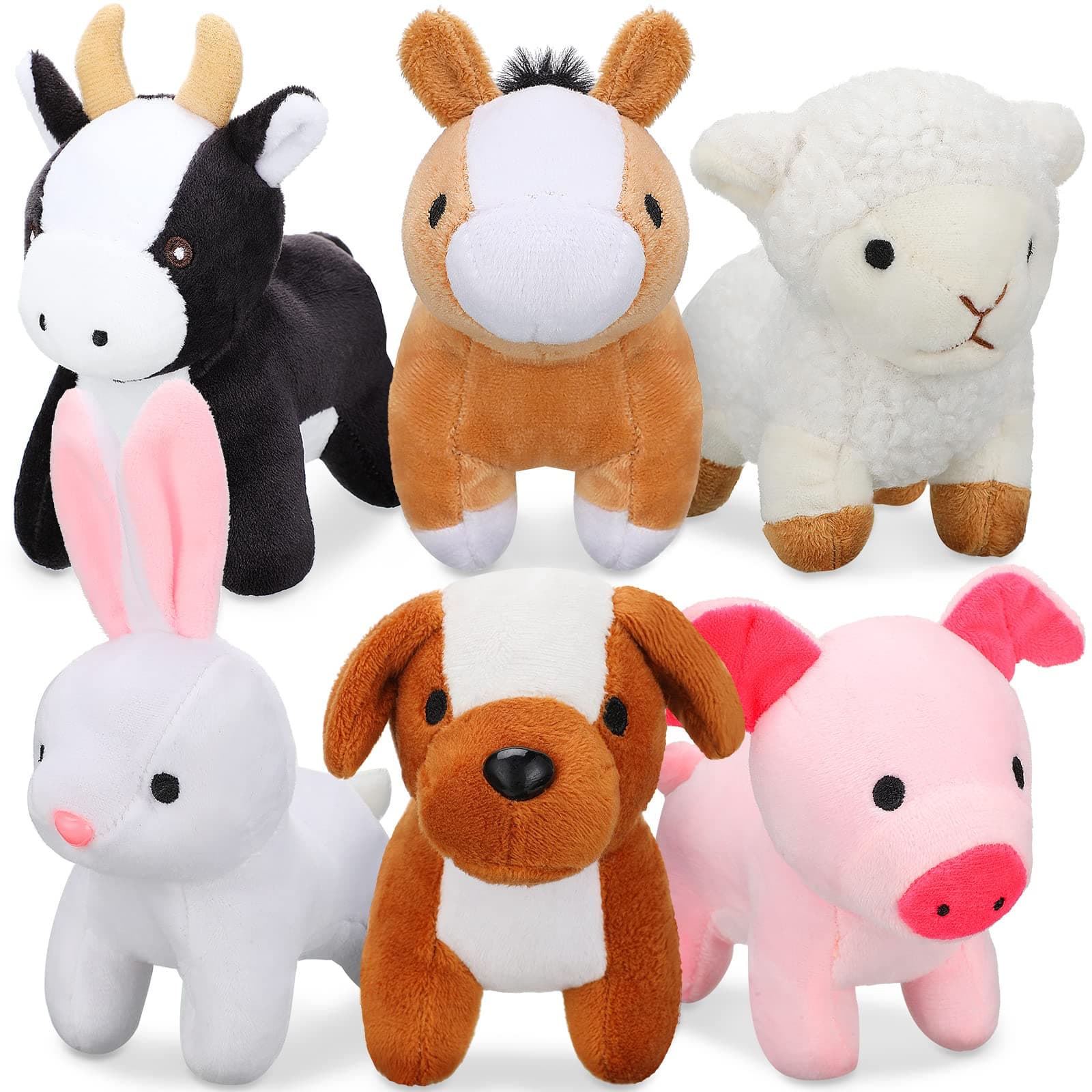 Kasyat 6 Pieces Mini Plush Furry Farm Animal Toys Soft Horse Pig Cattle Rabbit Dog Sheep Doll Stuffed Plush Farm Animals for Birthday Party Decoration(Animals)
