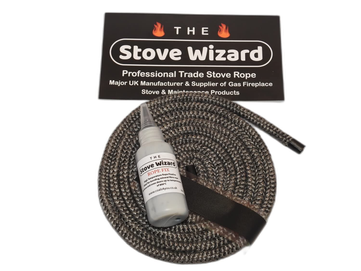Black Stove Rope Kit 10mm x 2.5m Long with Large 50ml Super Seal Adhesive Flues Glass Door Seals Wood Log Burner Replacement Multi Fuel Stove Made In The UK