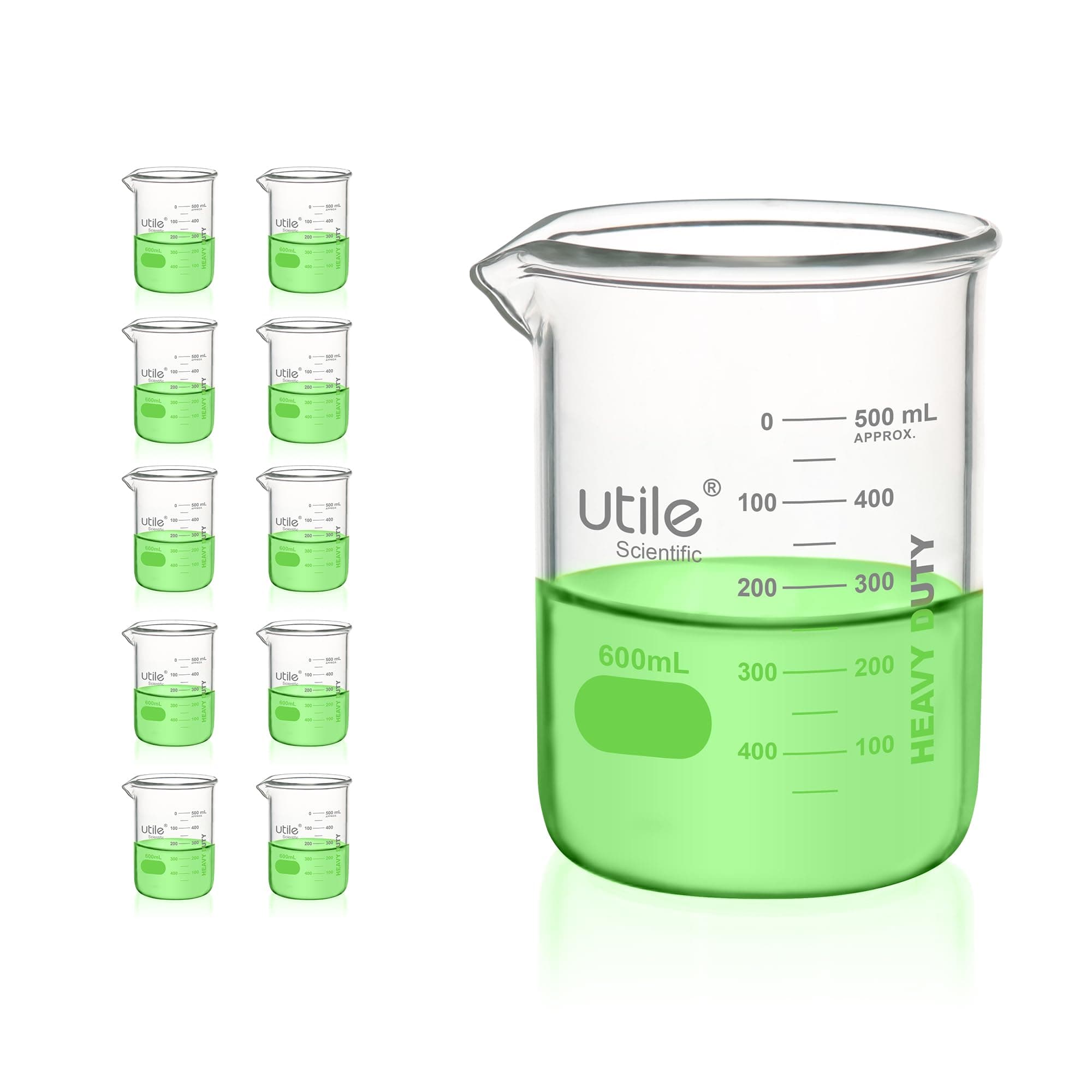 Utile 600ml Beaker Set, 10pcs of 20.3oz Upgraded Thickening Grass Beakers, Low Form Chemical Lab Beakers, Borosilicate 3.3 Glass with Printed Graduation, 4000.0600.10