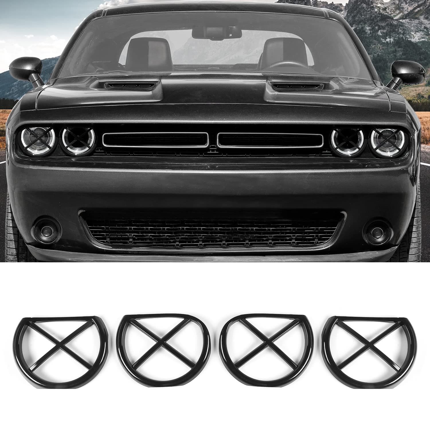 Headlight Lamp Cover for Challenger Accessories, Front Headlight Bezels Cover Exterior Light Trim Decoration for 2015-2022 Dodge Challenger (Black)