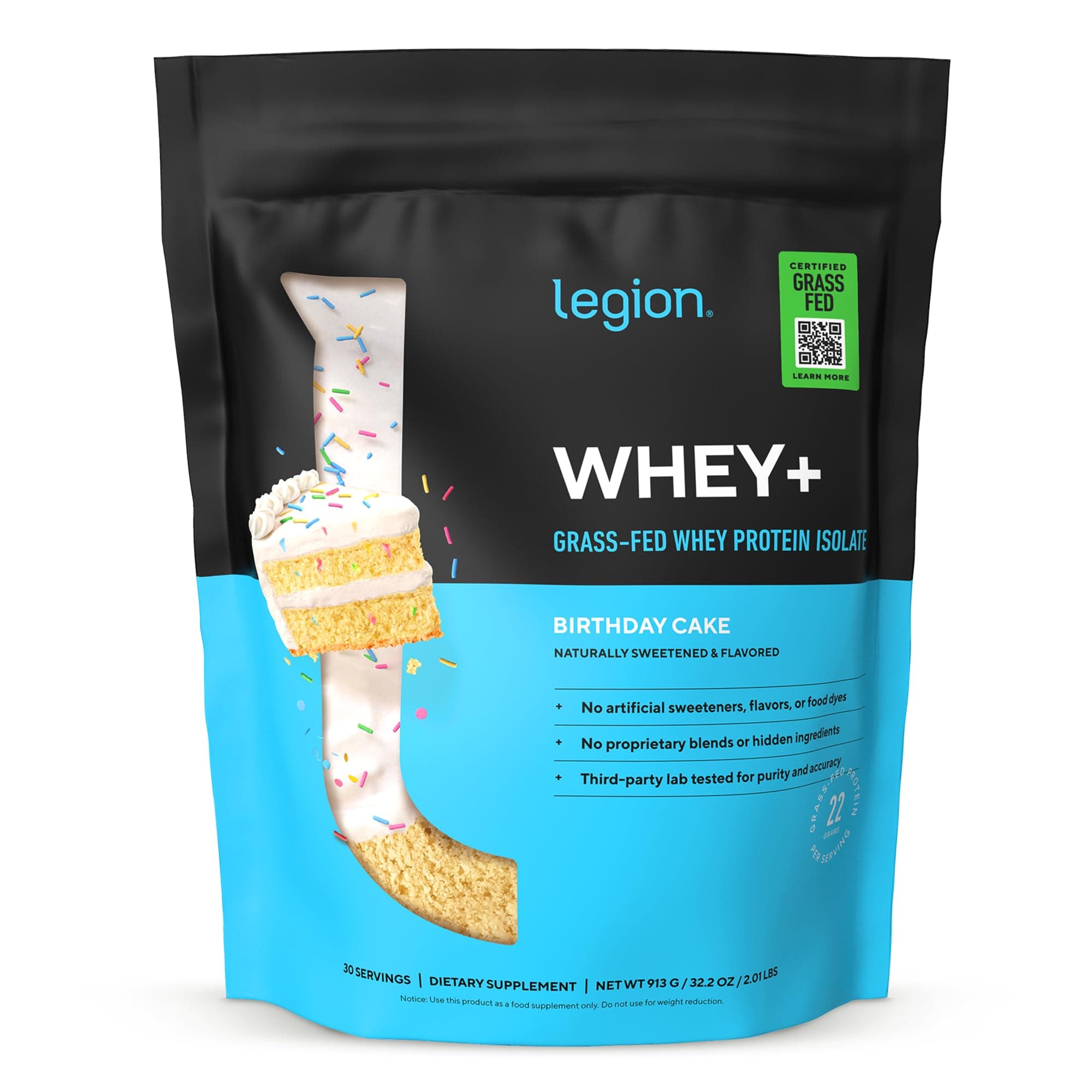 Whey+ Protein Whey Isolate from Grass Fed Cows (Birthday Cake, 30 Servings) - Whey Protein Isolate Powder Low Calorie, Non-GMO, Sugar Free, Lactose and Gluten Free, All Natural Protein Powder