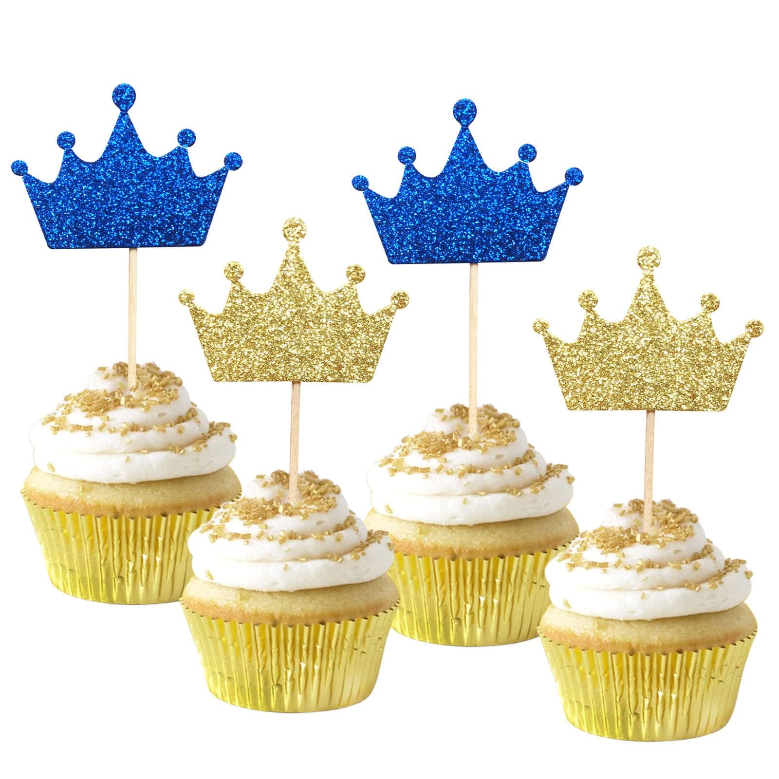 ALISSAR 36-Pack Gold and Royal Blue Crown Cupcake Toppers Picks, Royal Baby Shower Birthday Party Decorations Supplies (blue)