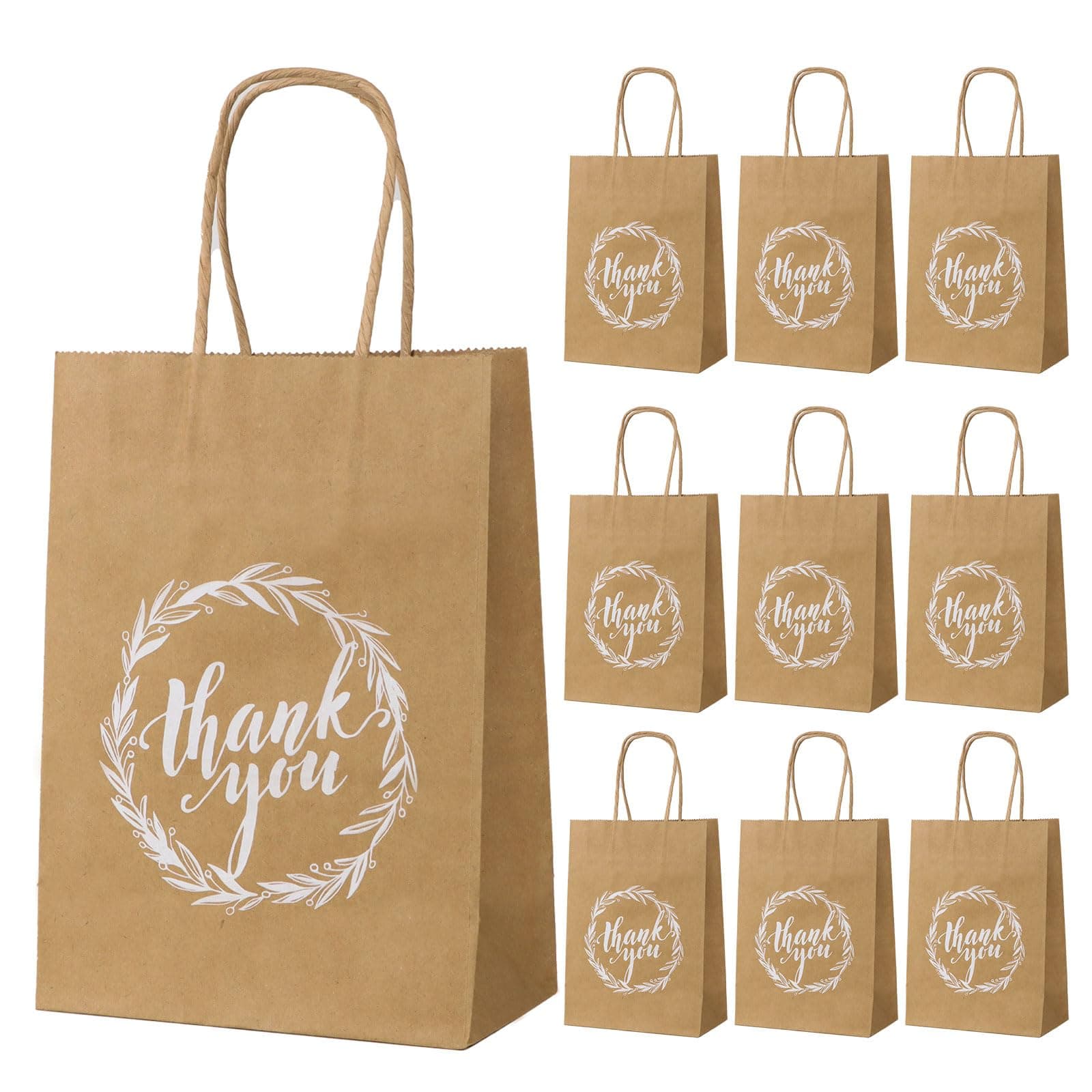 COLOFALLA 10pcs Thank You Gift Bags Kraft Brown Paper Party Bags with Handle Rustic Vintage Return Bags for Guests for Wedding Baby Shower Birthday, 15X8X21cm