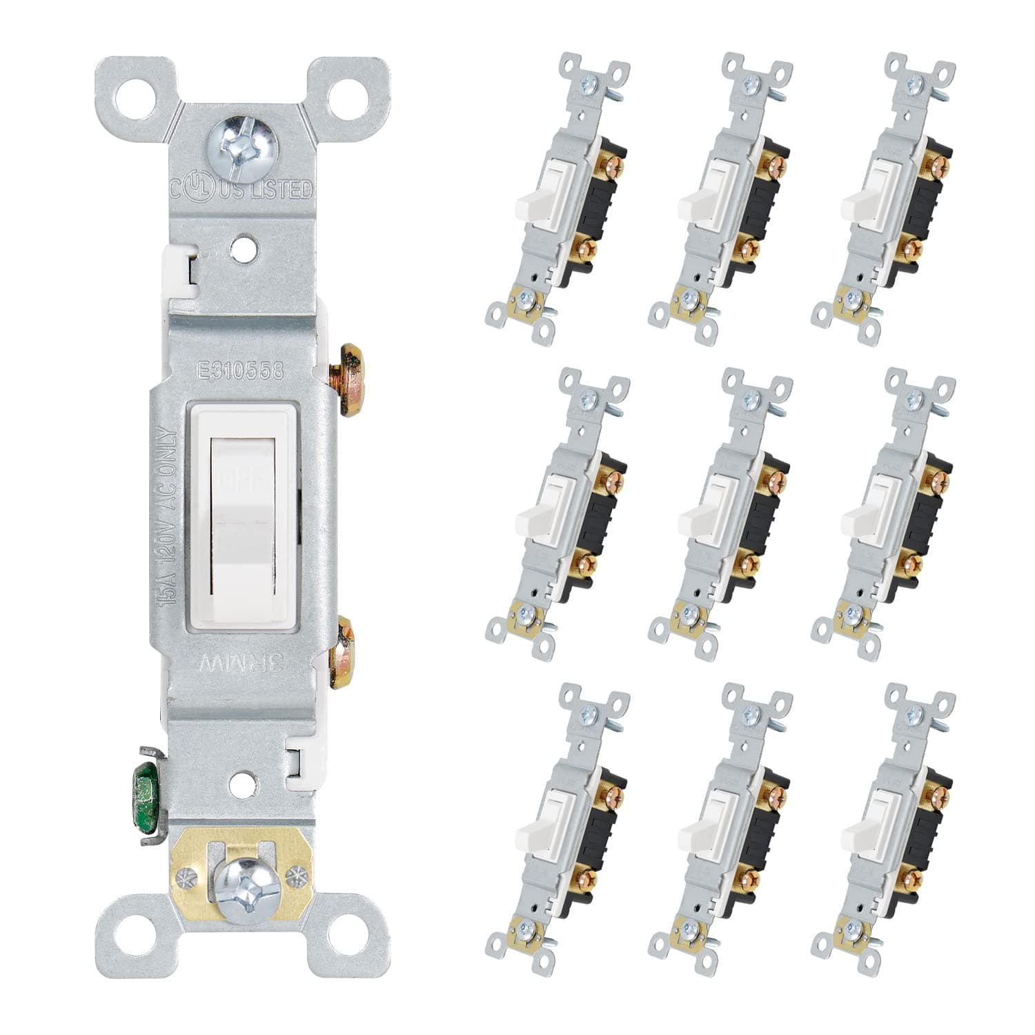 ThunderWay Toggle Light Switch, 3-Way or Single Pole, 15 Amp, 120 Volt, AC Quiet Switch, Electrical Wall Switch Replacement, Residential and Commercial Grade, UL Listed,(10 Pack) (Single Pole, White)