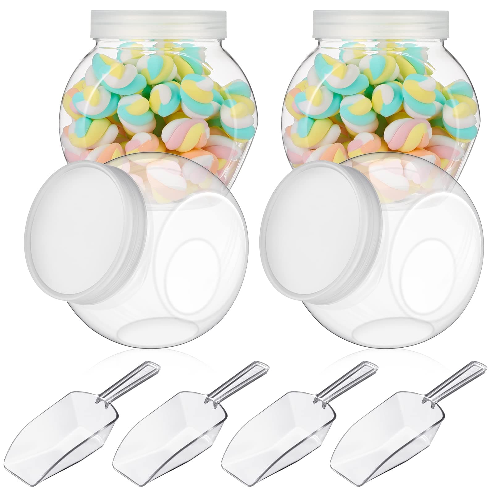 Umigy 2 Sets Plastic Candy Jar with Lid for Candy Buffet with Mini Acrylic Plastic Kitchen Scoop 42 oz Clear Candy Container Plastic Cookie Jar for Kitchen Counter Decorative Plastic Jar with Lid