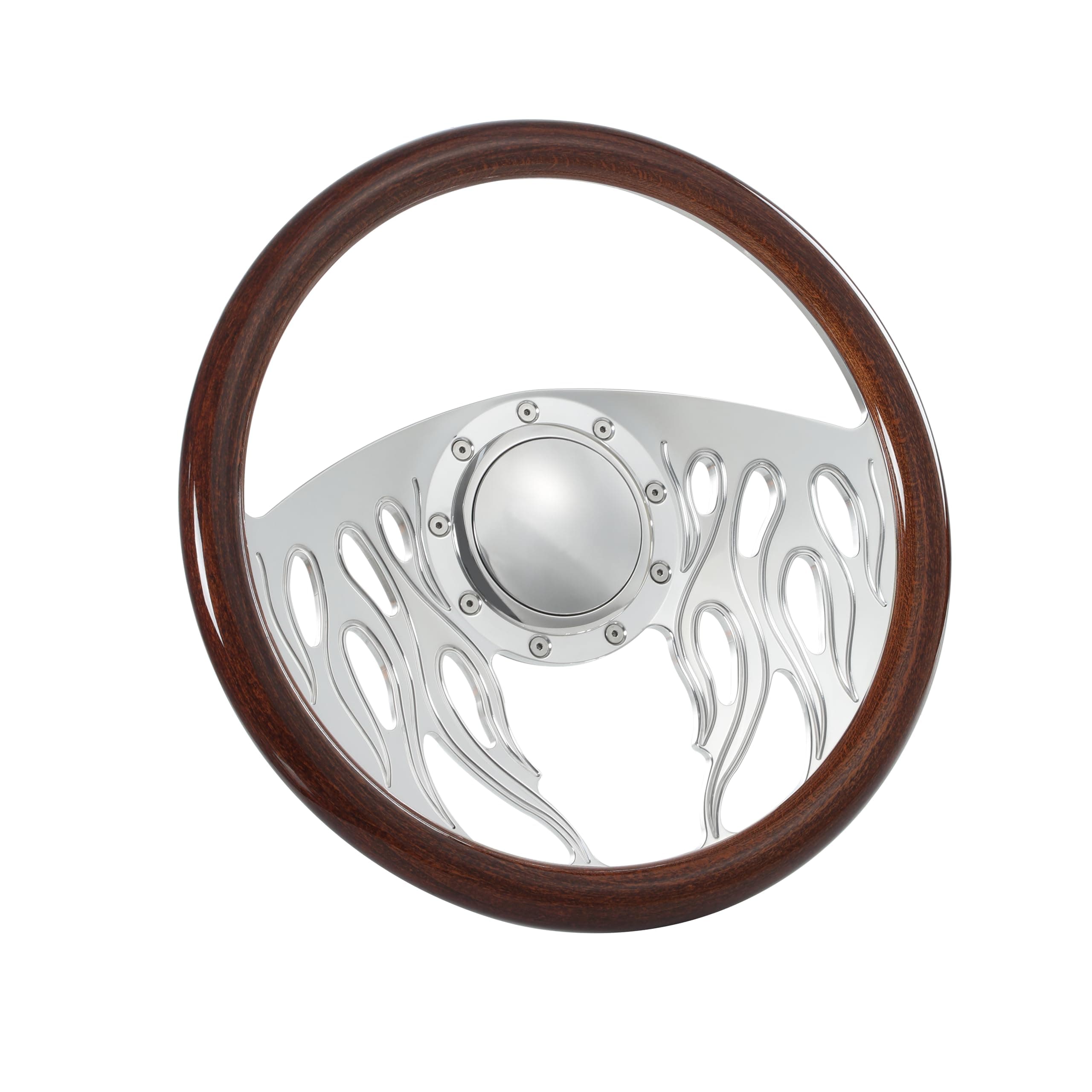 Flashpower 14'' Billet Flame Half Wrap 9 Bolts Steering Wheel with 2'' Dish and Horn Button (Walnut Wood)