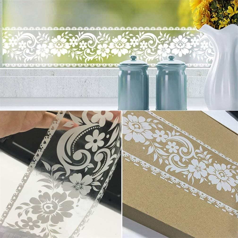 3.94 inch X 393.7 inch/Roll White Lace Transparent Removable Self Adhesive Wallpaper Border Shop Display Waterproof Window Film Glass Sticker Bathroom Mirror Decor Rustic Floral Stick Wall Border (A)