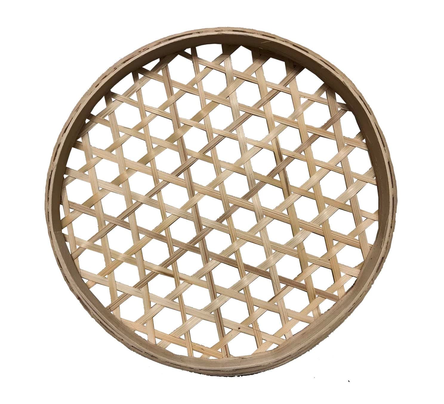 100% Handwoven Flat Wicker Round Fruit Basket Woven Food Storage Weaved Shallow Tray Organizer Holder Bowl Decorative Rack Display Kids DIY Drawing Board (Hexagon Hollow-Bamboo-White, 18cm/7")