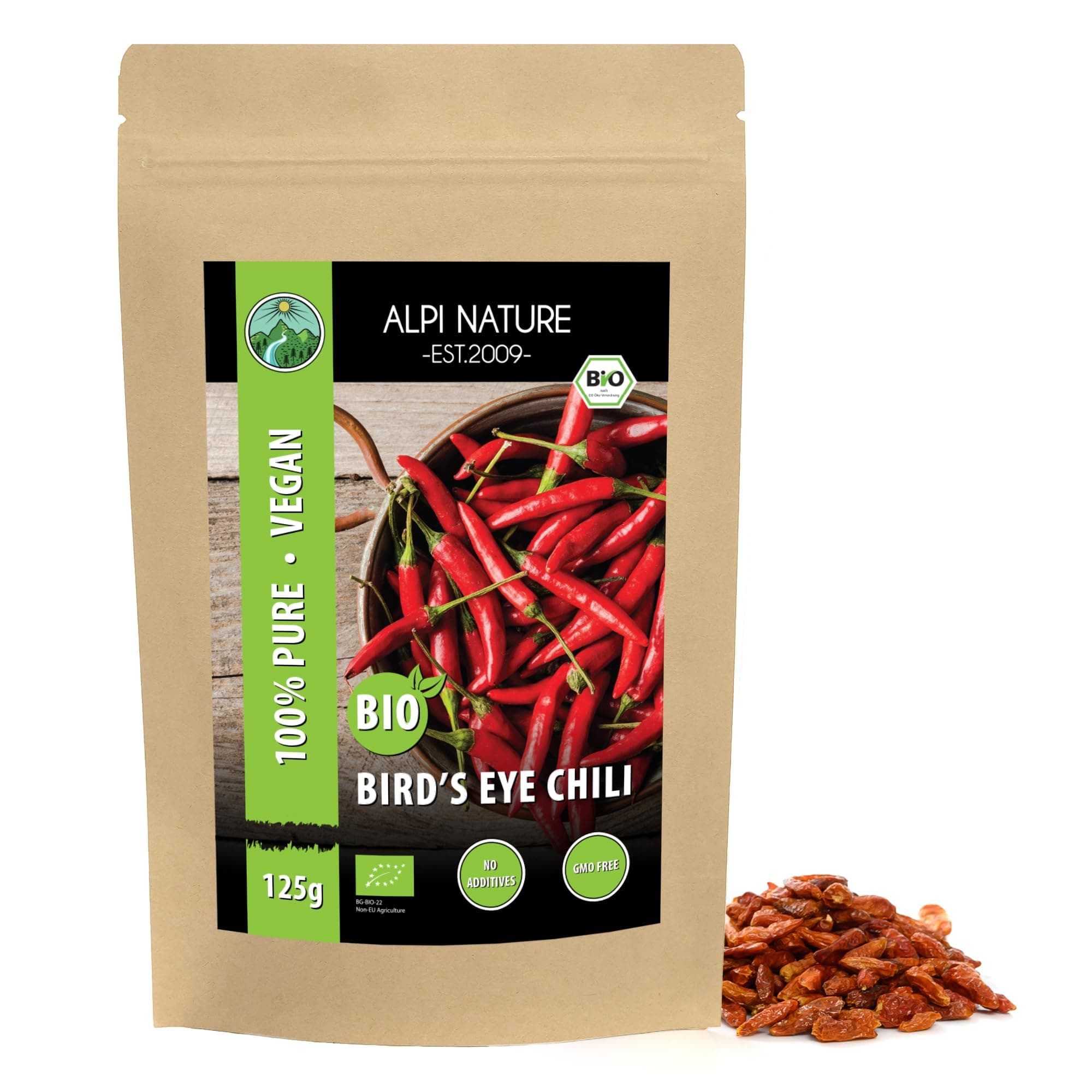 Organic Birds Eye Chillies 125g 4.4 oz by Alpi Nature, Dried Whole Bird's Eye Chilli Peppers 15-30mmEU Organic