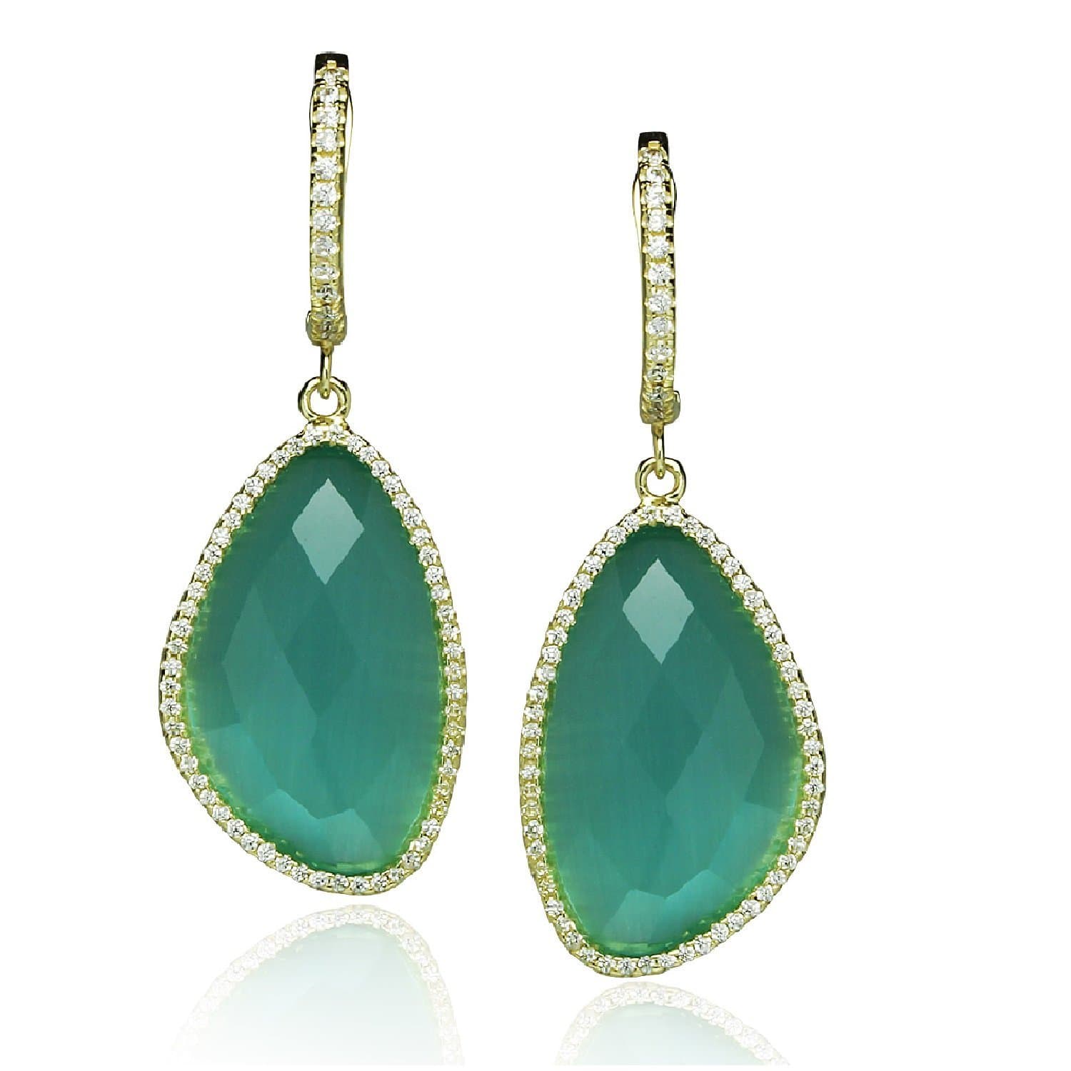 Piers Design Aqua Pear Shaped Glass Stone, CZ Border, 925 Sterling Silver Gold Tone Dangle Earrings
