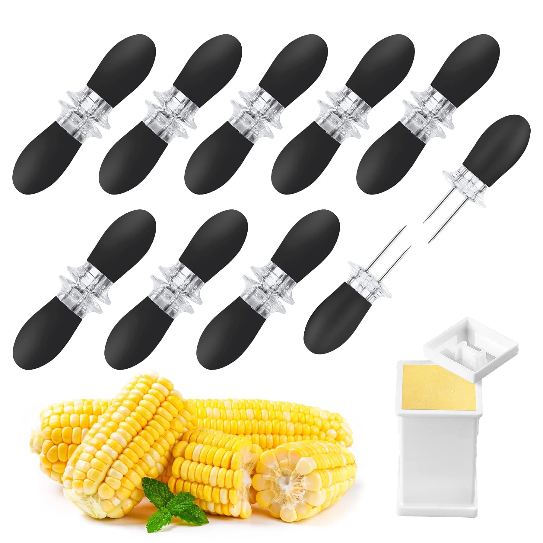 AUGSUN 18Pcs/9Pairs Black Corn Holders, Stainless Steel Corn Cob Holders Corn on The Cob BBQ Fork Skewers with Butter Spreader for Home Cooking Parties Camping