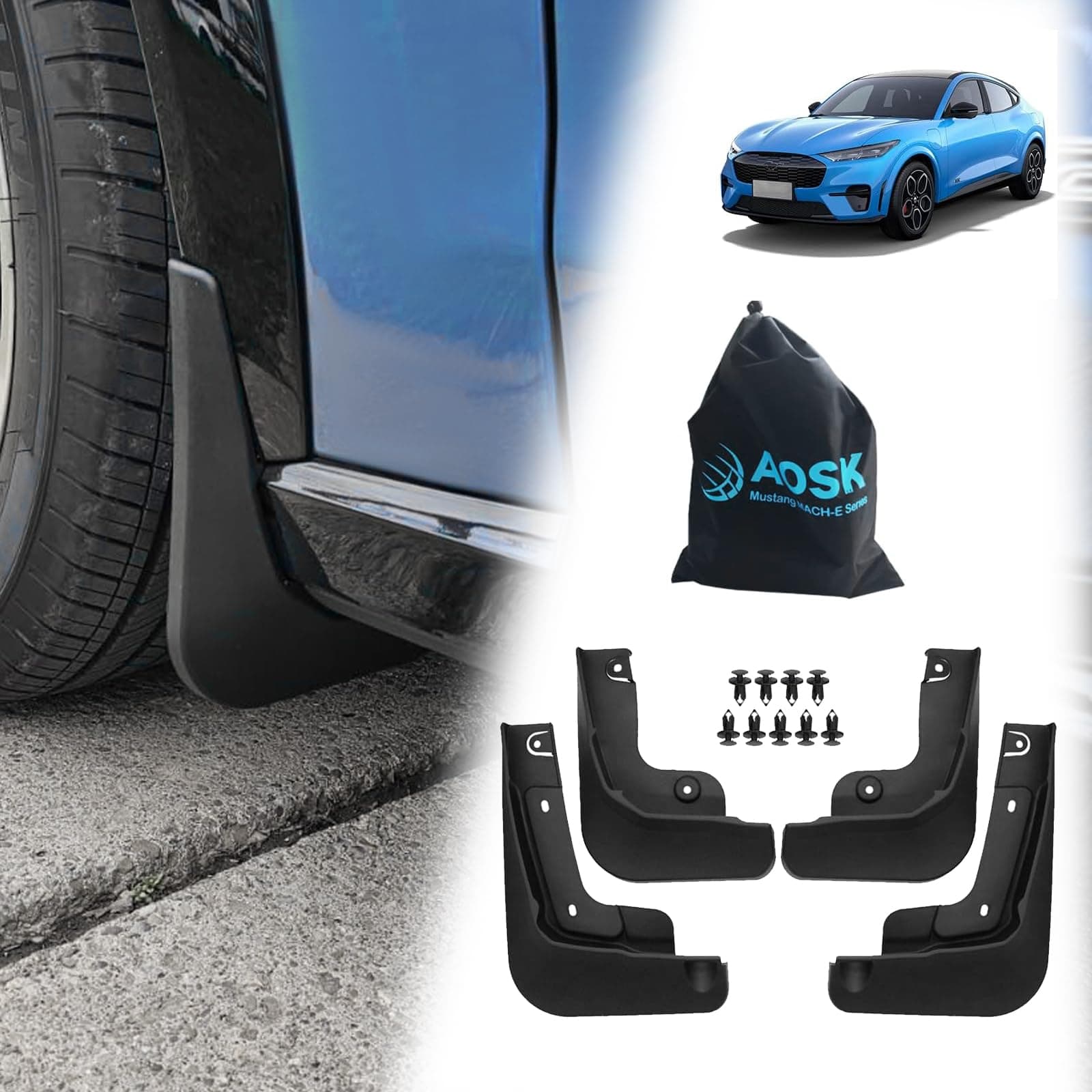 BestEvMod AOSK Compatible with Mustang Mach E 2026 2025 2024 2023 2022 2021 Mud Flaps Splash Guards Exterior Accessories Mach-E mud Flaps Splash Guards(Set of Four) No Need to Drill Holes