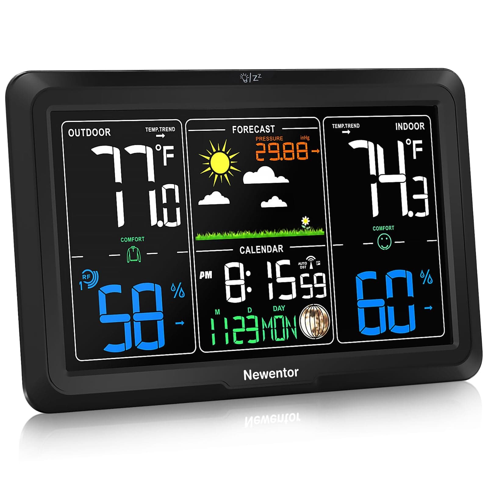 Newentor Weather Station Wireless Indoor Outdoor, Indoor Outdoor Thermometer Wireless, 7.5" Home Weather Stations with Atomic Clock, Temperature Humidity Gauge, Weather Forecast and Barometer, Black