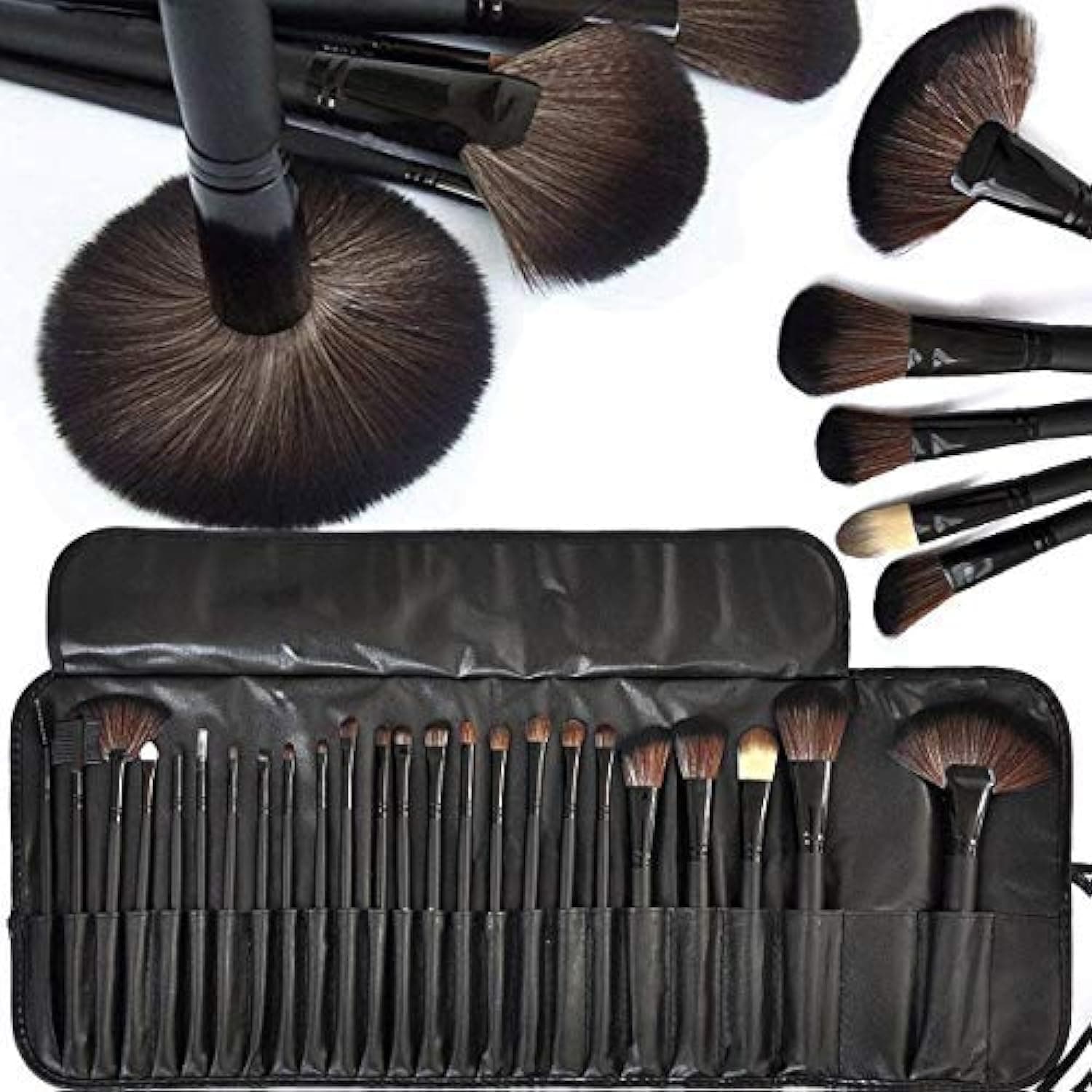 MACPLUS Fiber Bristle Makeup Brush Set with Black Leather Case- BLACK, 24 Pieces