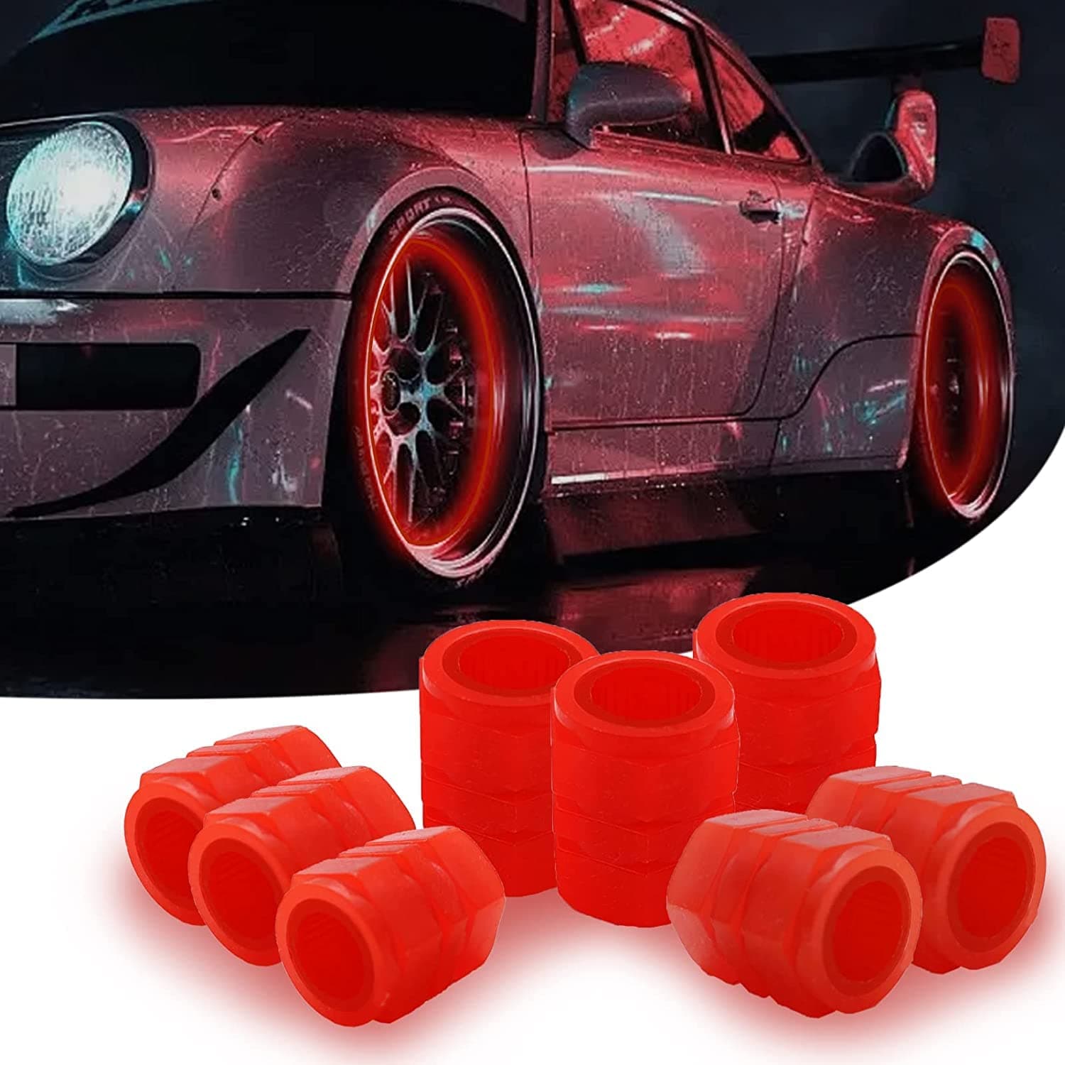 Maraxis-All New Tire Valve Stem Caps | Car/Bike Wheel Tire Rim Air Valve Cap Radium Tyre Air Cover Glow Radium Light Neon (4, RED)