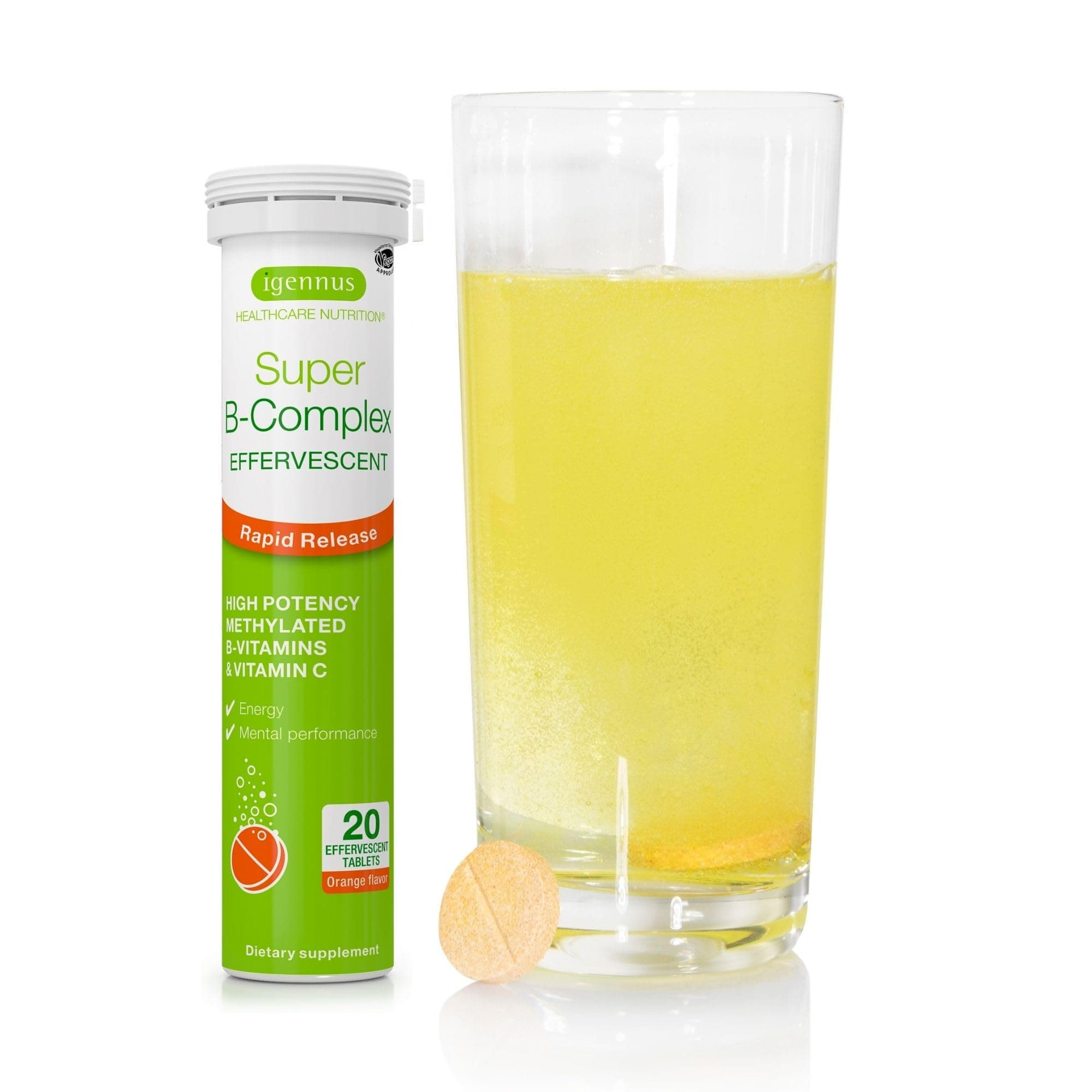 Super B-Complex Liquid B-Vitamin Effervescent Drink, Methylated, Fast Action Energy Supplement, Caffeine-Free, Sugar-Free, Orange Flavor, Vegan, 20 Effervescent Tablets,