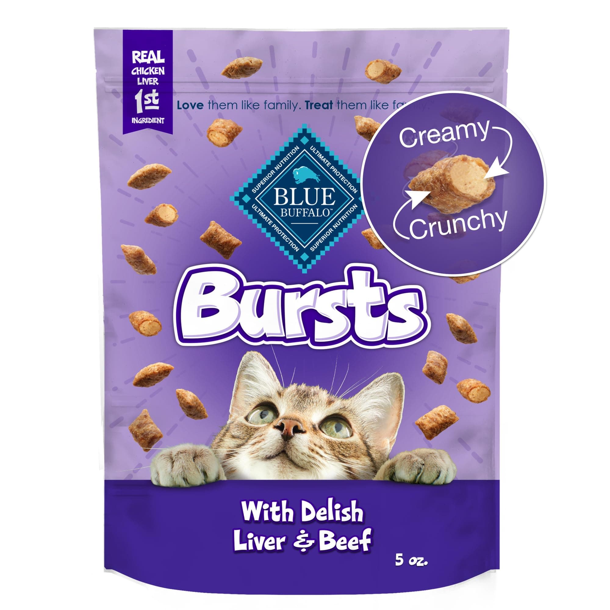 Bursts Crunchy & Creamy Cat Treats, Great for Training, Delish Liver & Beef, 5-oz Bag