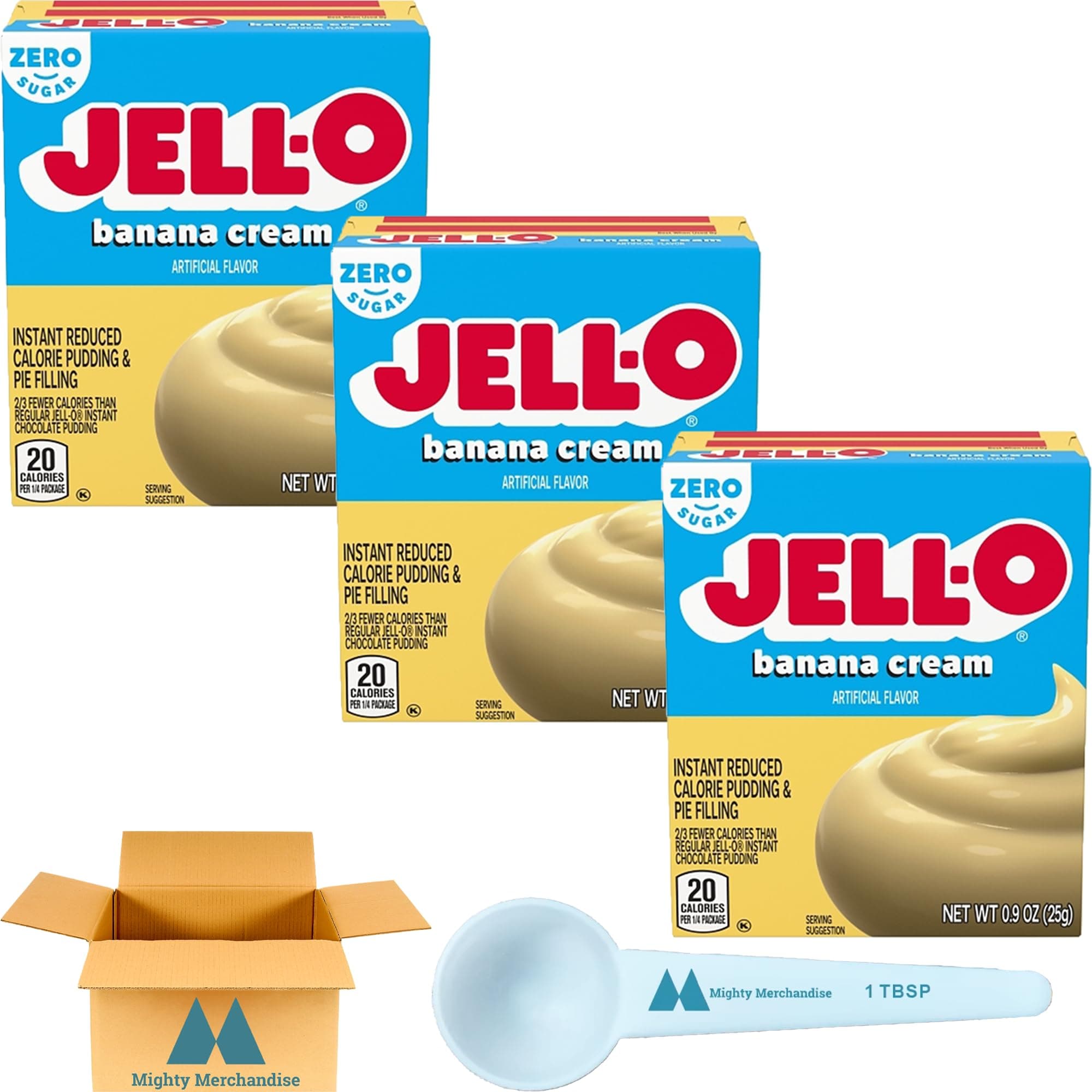Jell-O Sugar Free Banana Cream Instant Pudding & Pie Filling Mix - .9 oz Boxes (Pack of 3) - With Mighty Merchandise Measuring Spoon