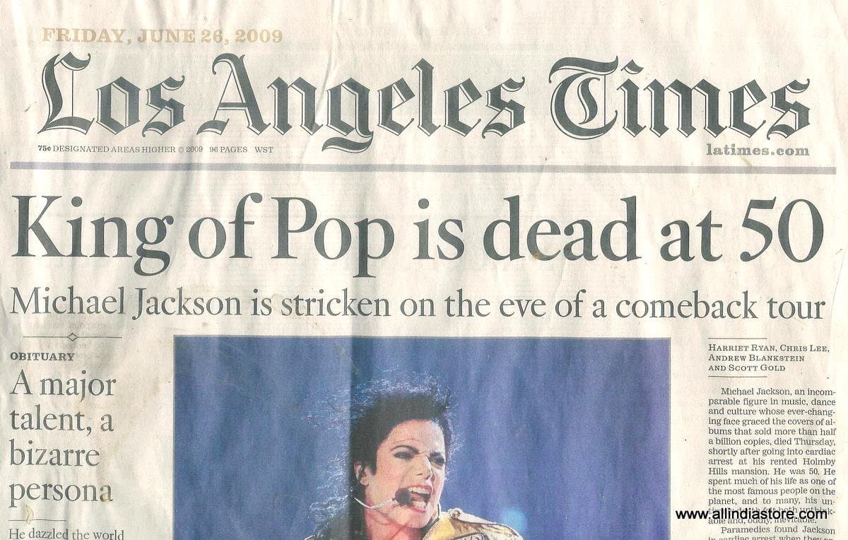 Michael Jackson Friday 6/26/2009 Los Angeles Times Newspaper get your copy of the LA Times with the terrible news of the death of the King of Pop