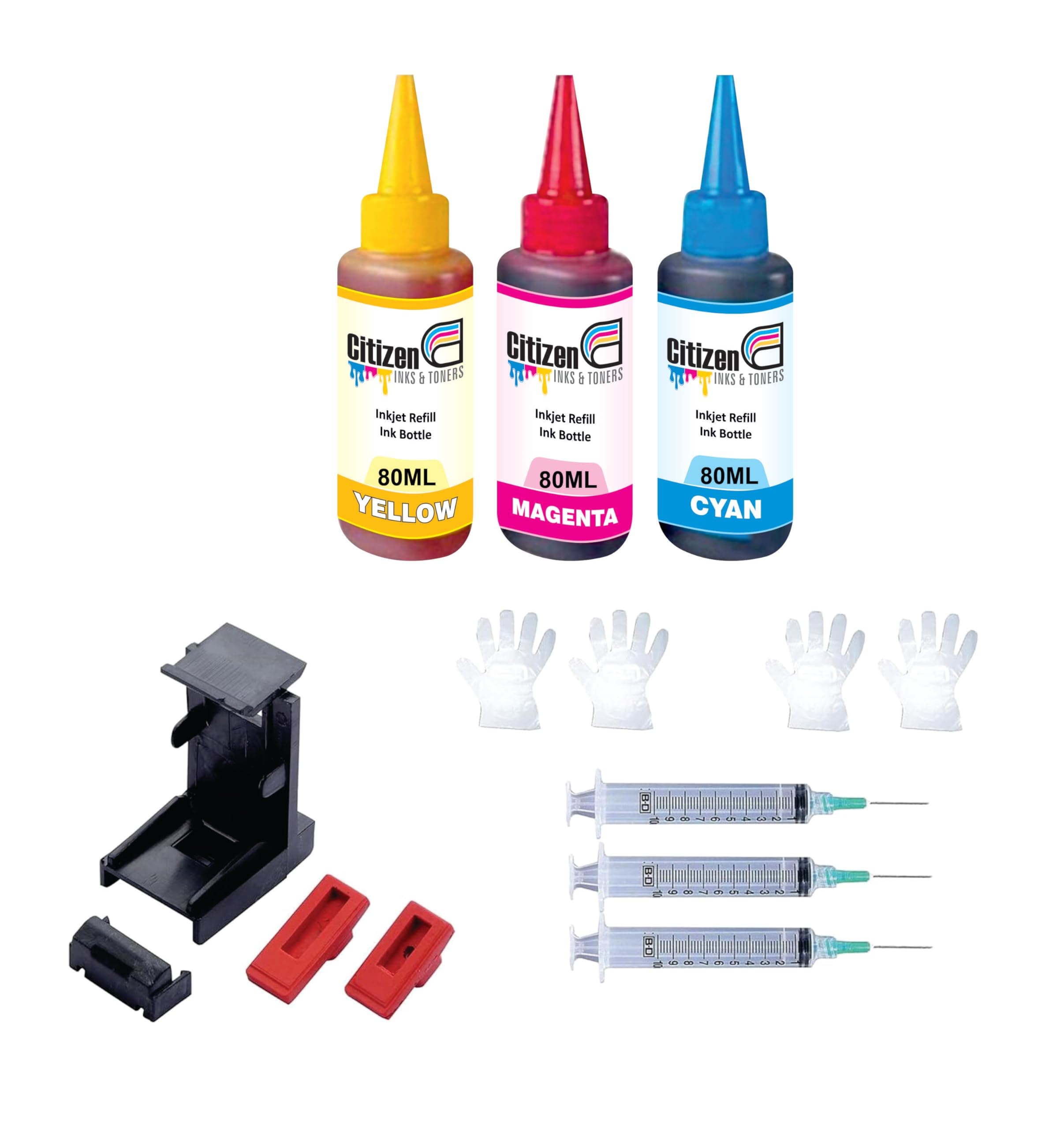 Refill Kit with Suction Tool Combo Pack of High Yield Inkjet Cartridge Ink Refill Compatible for HP and Canon Cartridge Printers - 80ml Per Bottle (3 Color Ink Full Set)