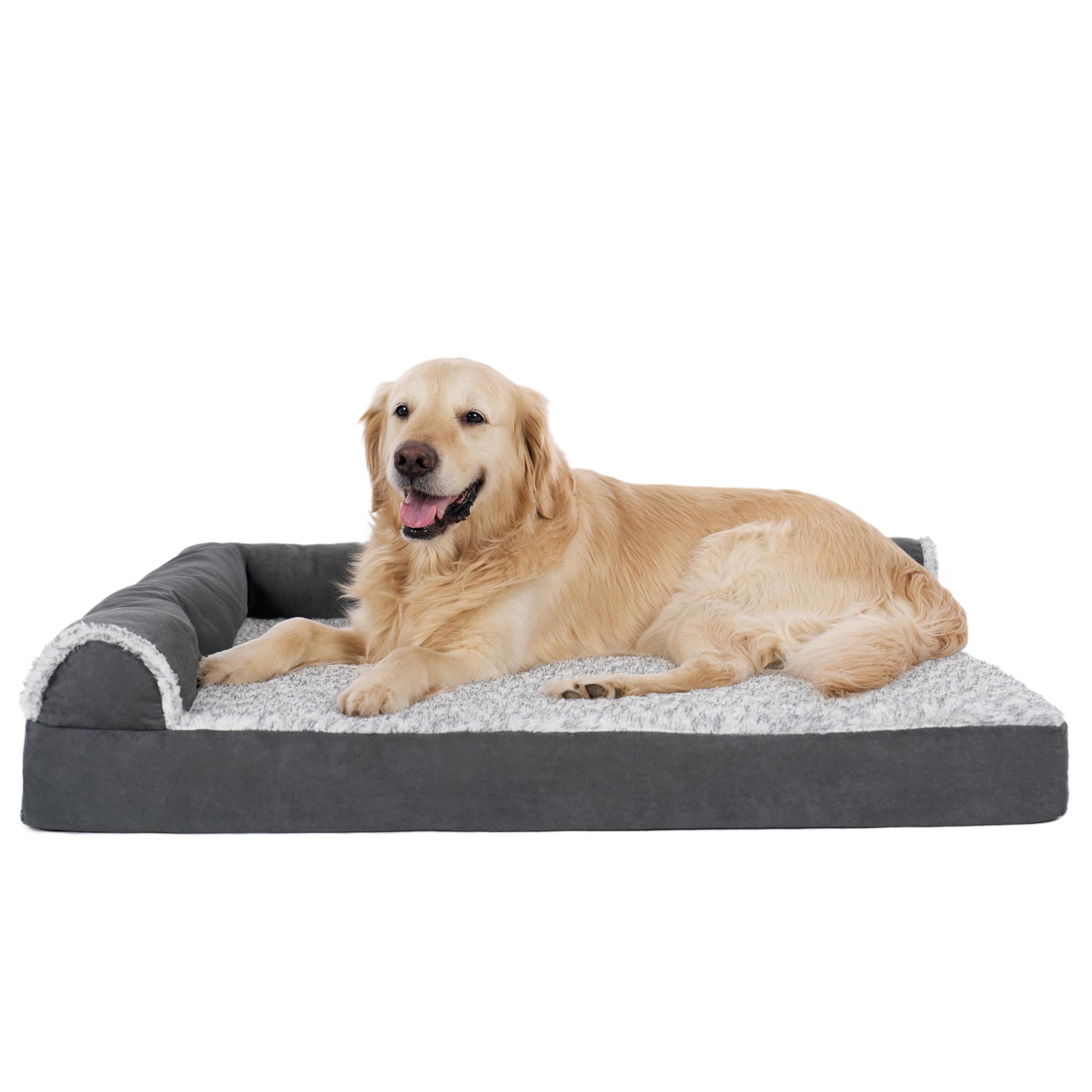 Orthopedic Dog Bed for Large Dogs w/ Removable Bolsters & Washable Cover, For Dogs Up to 95 lbs - Two-Tone Plush Faux Fur & Suede L Shaped Chaise - Stone Gray, Jumbo/XL