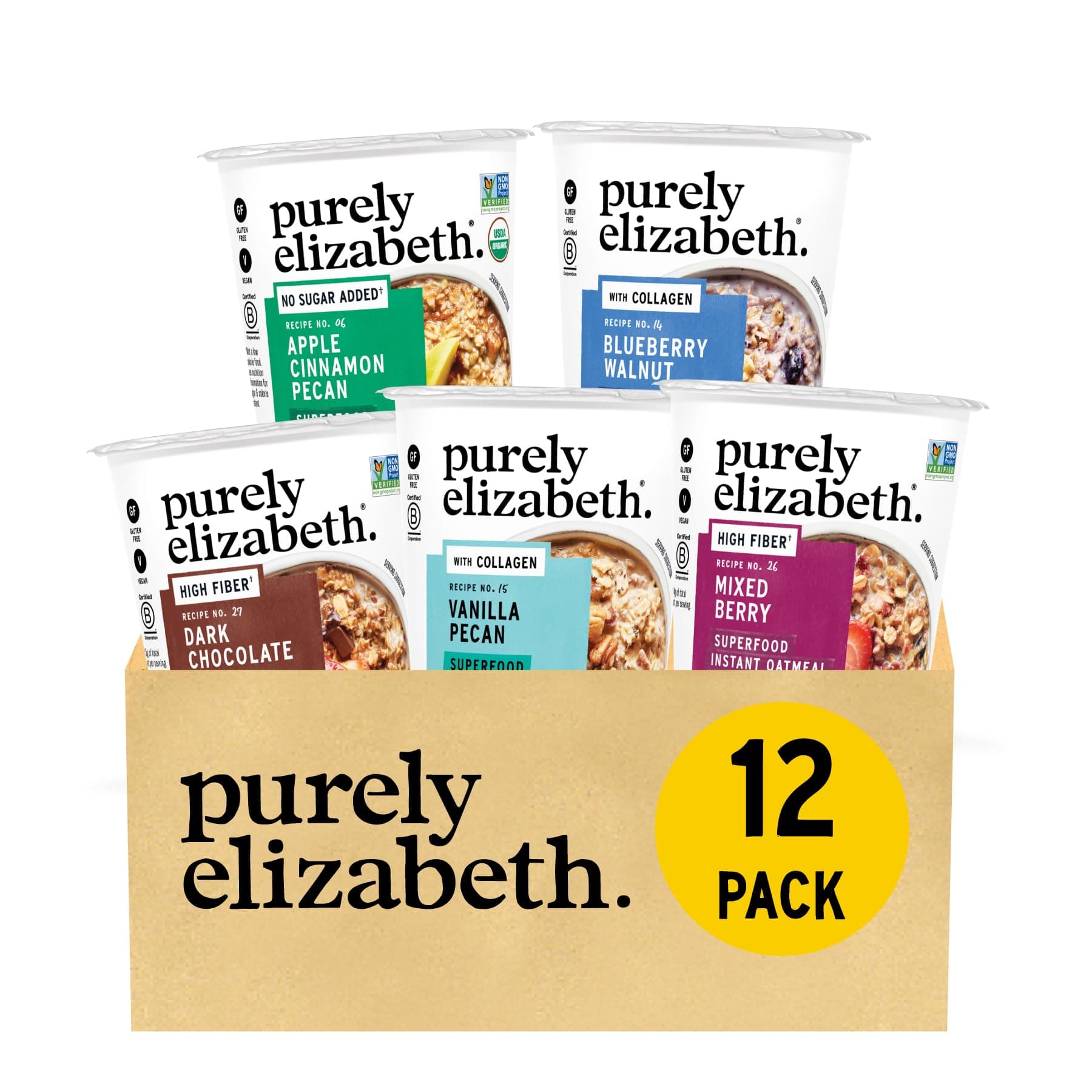 Purely Elizabeth Best Sellers Variety Pack Superfood Oatmeal Cups, Great for Overnight Oats, Gluten-Free, 2 Ounce (Pack of 12)