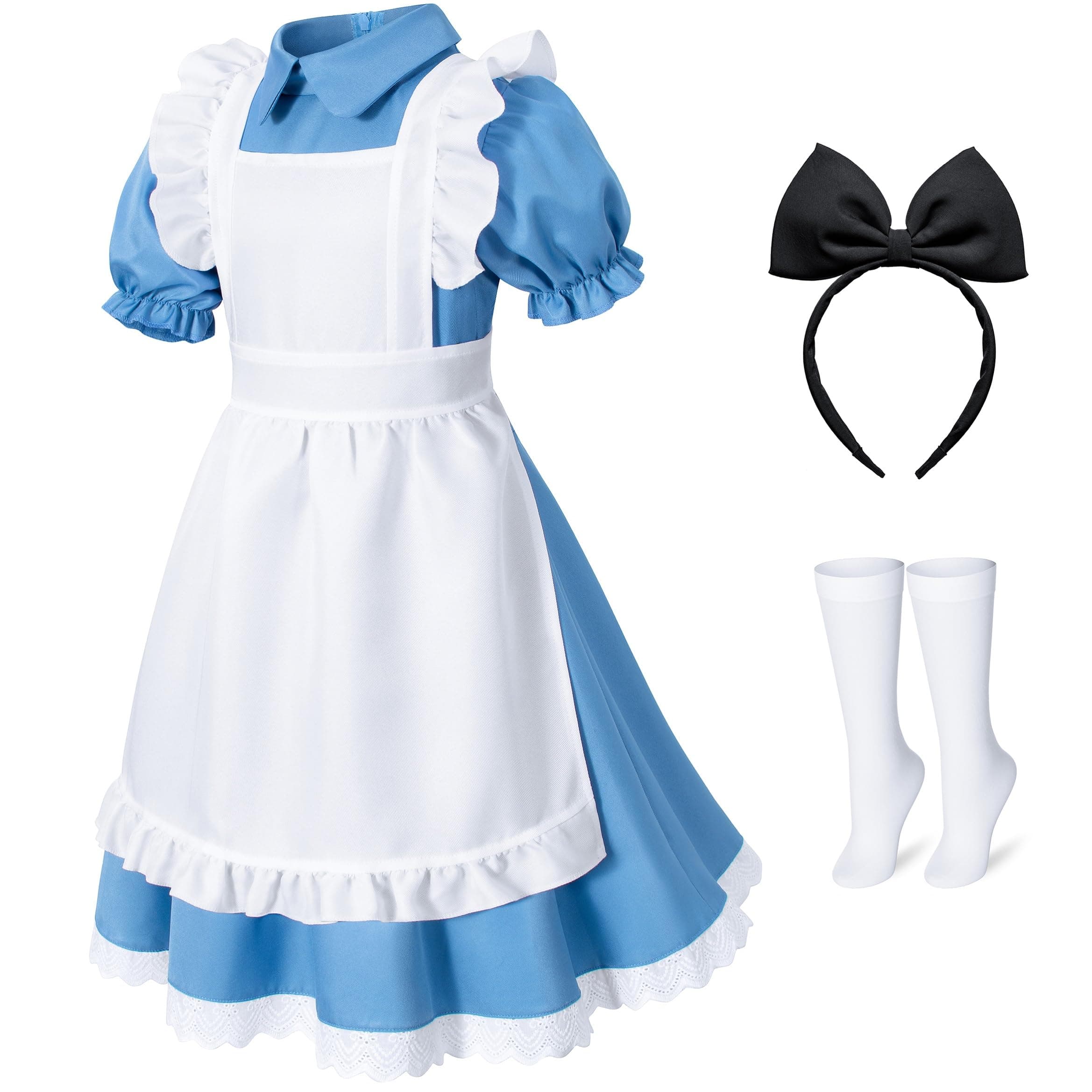 Irtysh Girl Blue Dress White Apron Halloween Cosplay Costume With Bow Hair Band Stockings Set