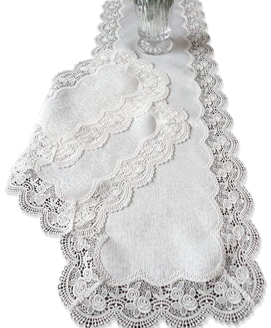 Galleria di Giovanni Dresser Scarf Royal Rose European Lace White Table Runner 54 Inch Plus Two Place mats or End Table Doilies