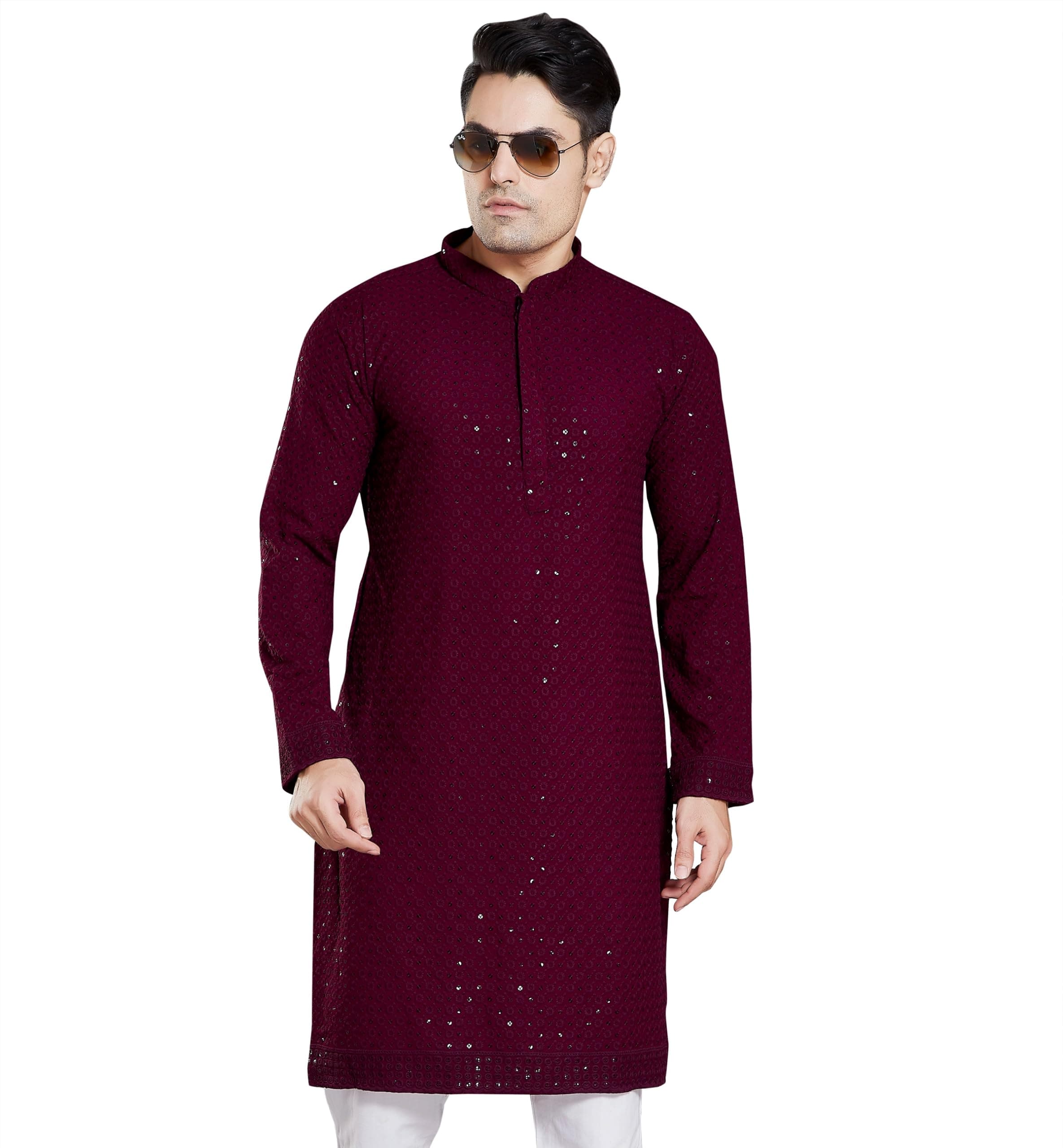Men’s Sequin-Embroidered Kurta, Cotton Blend, Slim Fit