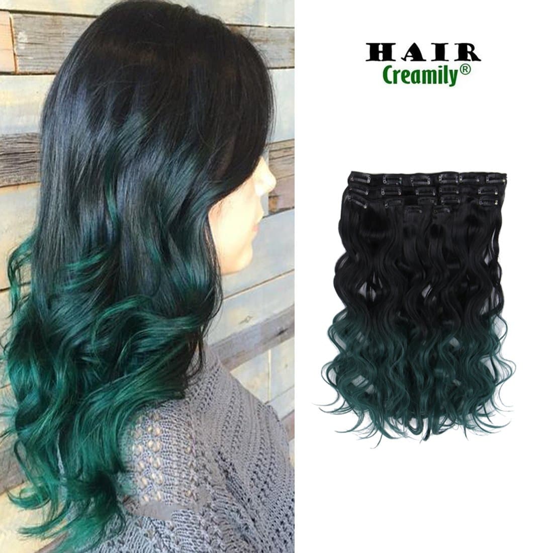 Creamily® Dark Alpine Green Hair Dye Ombre Color Bridesmaid Clip in Hairstyle Extensions 20 Inches for full head
